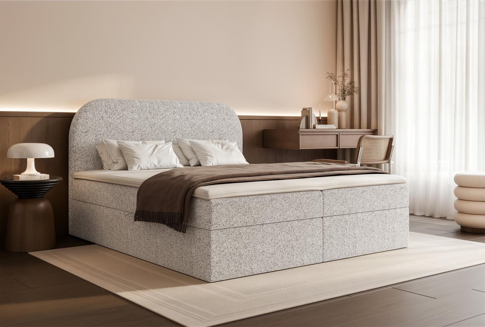 Compleo Boxspringbett Doppelbett, Topper als Option, gepolstertes Kopfteil mit Bettkasten, 120x200-200x200