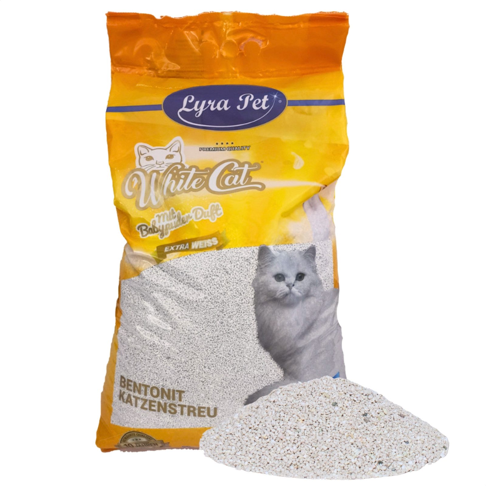 Lyra Pet Katzenstreu 15 Liter Lyra Pet® White Cat® Katzenstreu Bentonit Babypuderduft, klumpend, staubfrei, staubarm