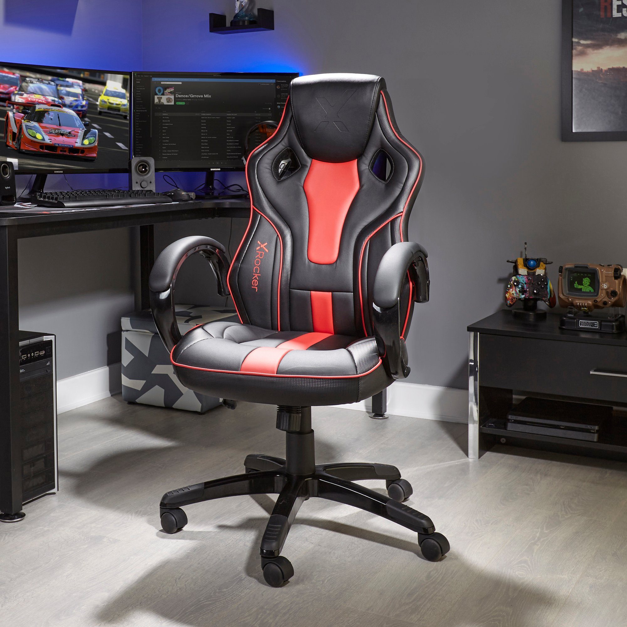 X Rocker Gaming-Stuhl Maverick - Ergonomischer Bürodrehstuhl für Jugendliche & Erwachsene Schwarz/Rot