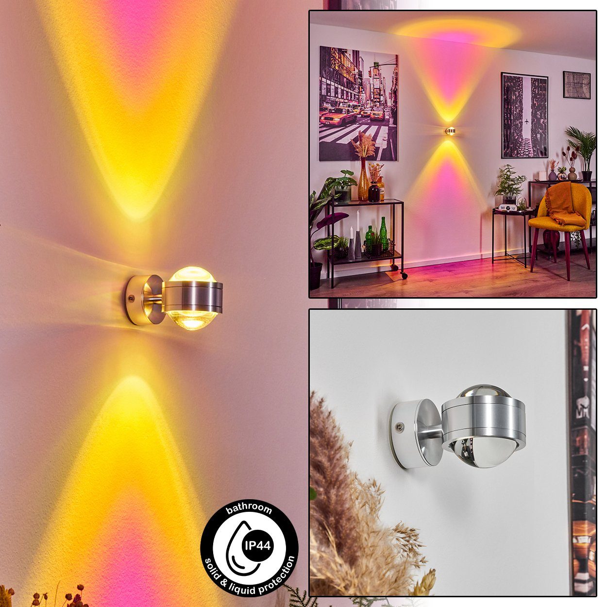 »Berga« 300 Effekt, Kelvin, Up&Down 3000 hofstein Lumen, mit Wandstrahler 2 Aluminiumfarben/Klar, Wandleuchte magenta Metall, IP44, Farbfilter Wandleuchte,