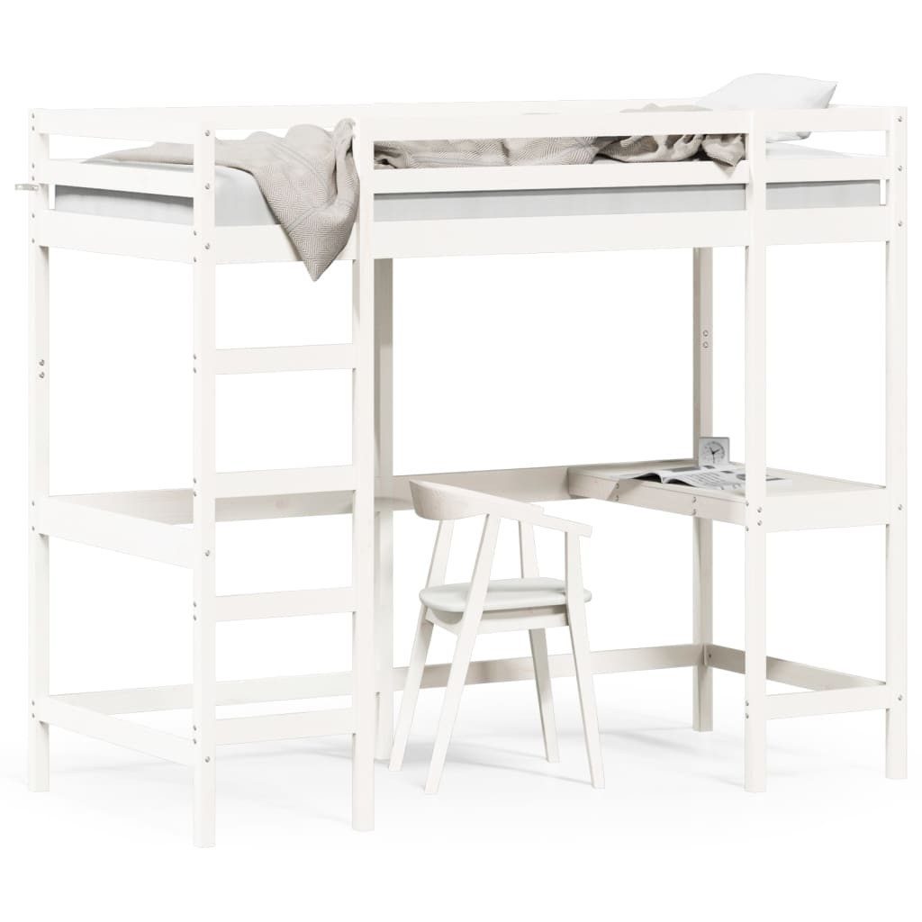 vidaXL Hochbett Etagenbett mit Schreibtisch Weiß 90x200 cm Massivholz Kiefer