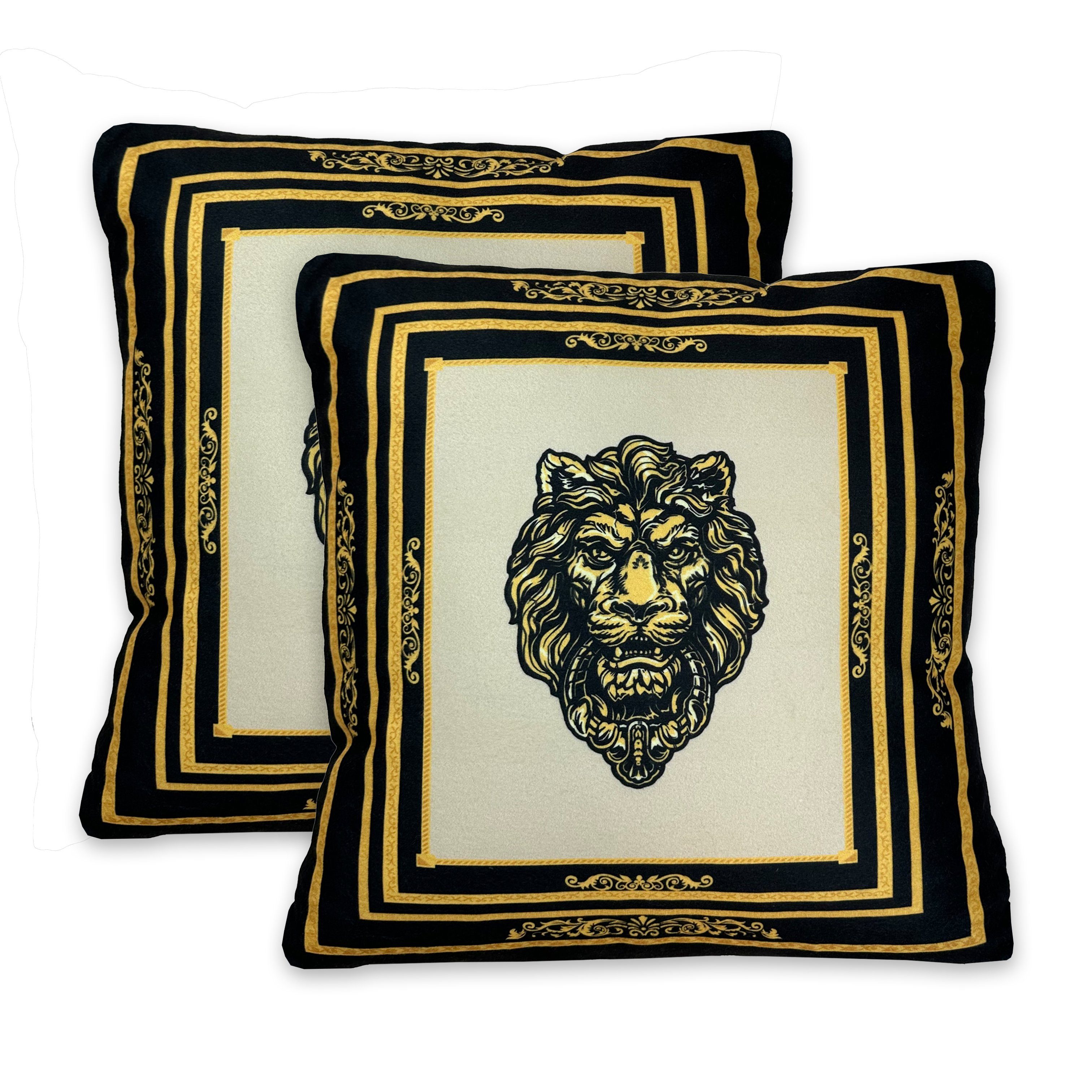 Belle Arti Dekokissen Dekorative Kissen Sofakissen Zierkissen Set Seidenoptik schwarz gold, mit Motiv Löwenkopf, Krone, Amphore, Kissenbezug, Füllung