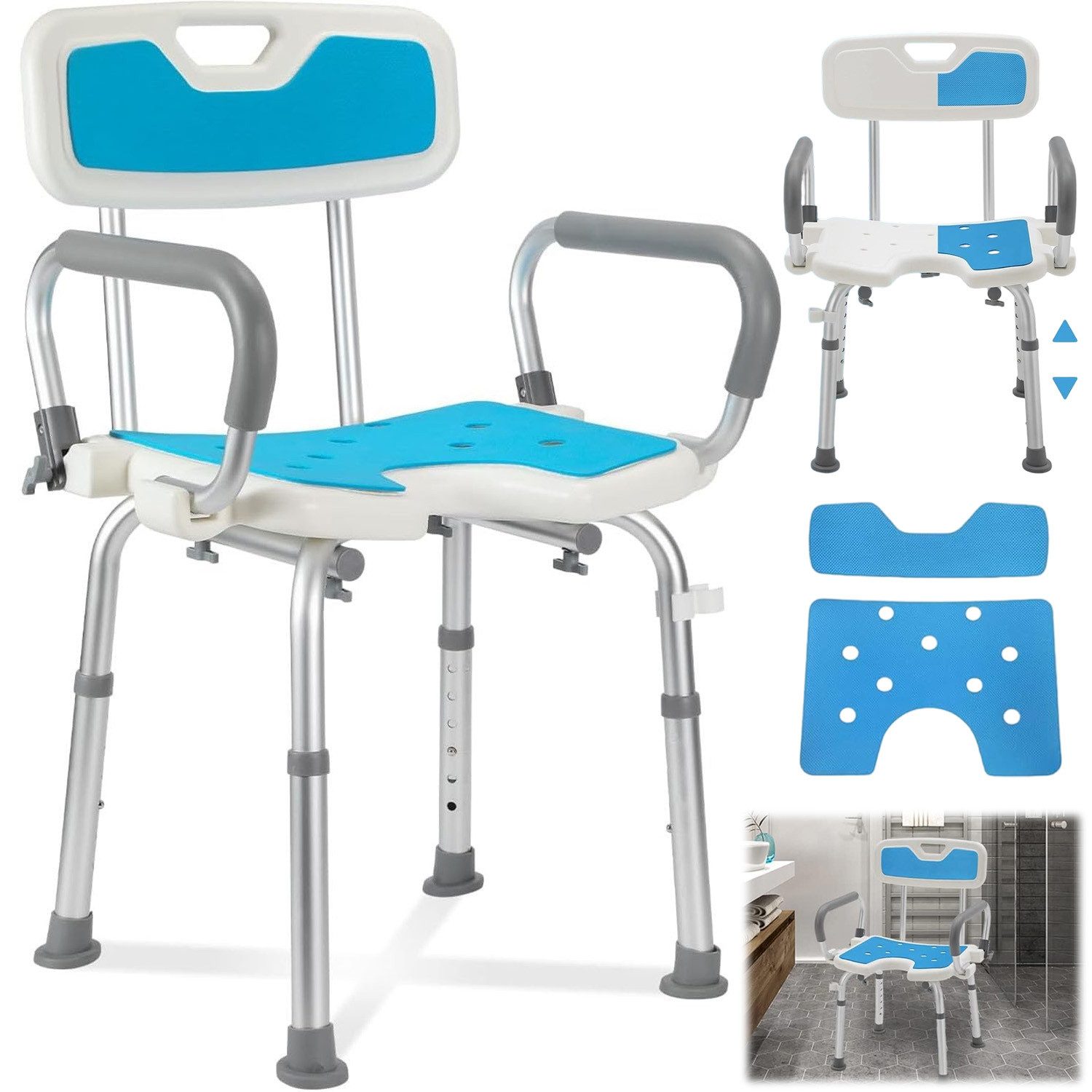 AKKEE Duschhocker Badhocker Badehocker belastbar bis 150kg Duschstuhl, belastbar bis 150 kg, Duschstuhl mit Armlehnen