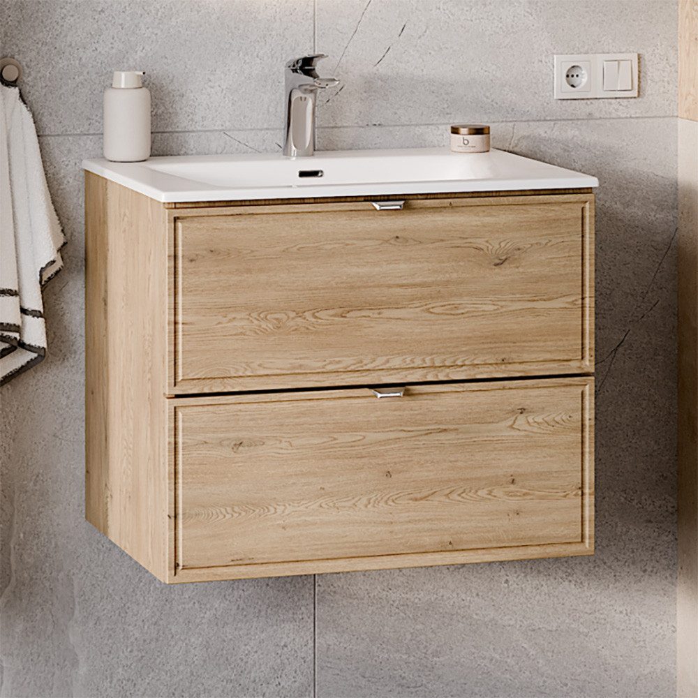 Lomadox Waschtisch TEMUCO-56-CREMONA, 60 cm breit in Eiche mit Rahmenfräsung, wandhängend
