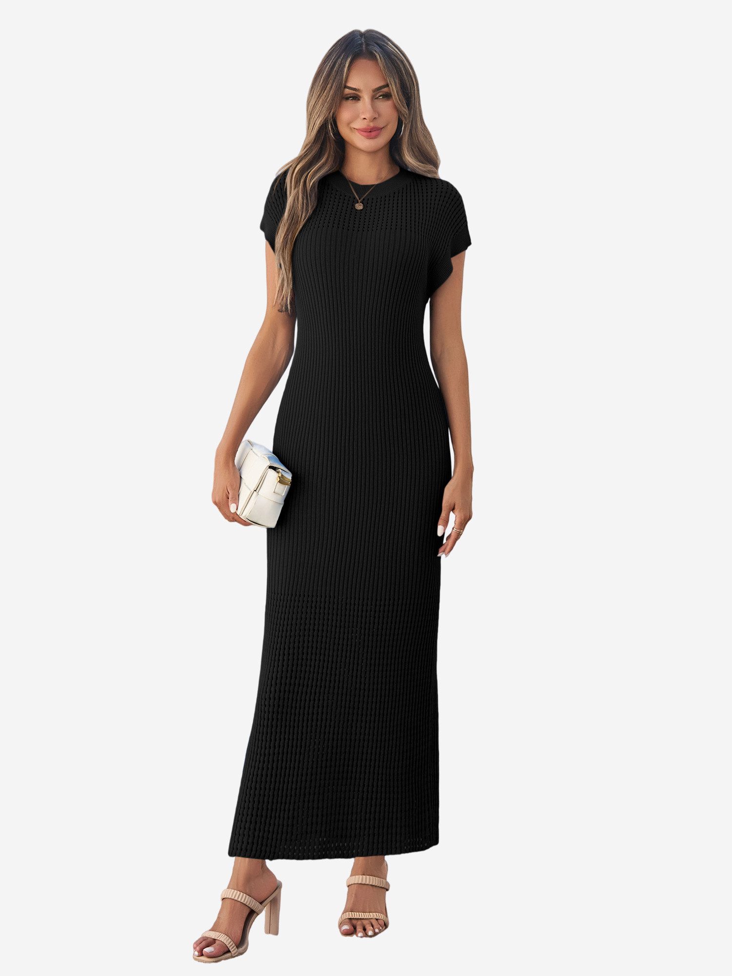 Imily Bela Strickkleid Damen mit Kurzarm und Rundhals Casual (Packung, 1-tlg., 1per-Pack) in Unifarbe mit Lochmustern und Rippstrick – Bild 3 von 5