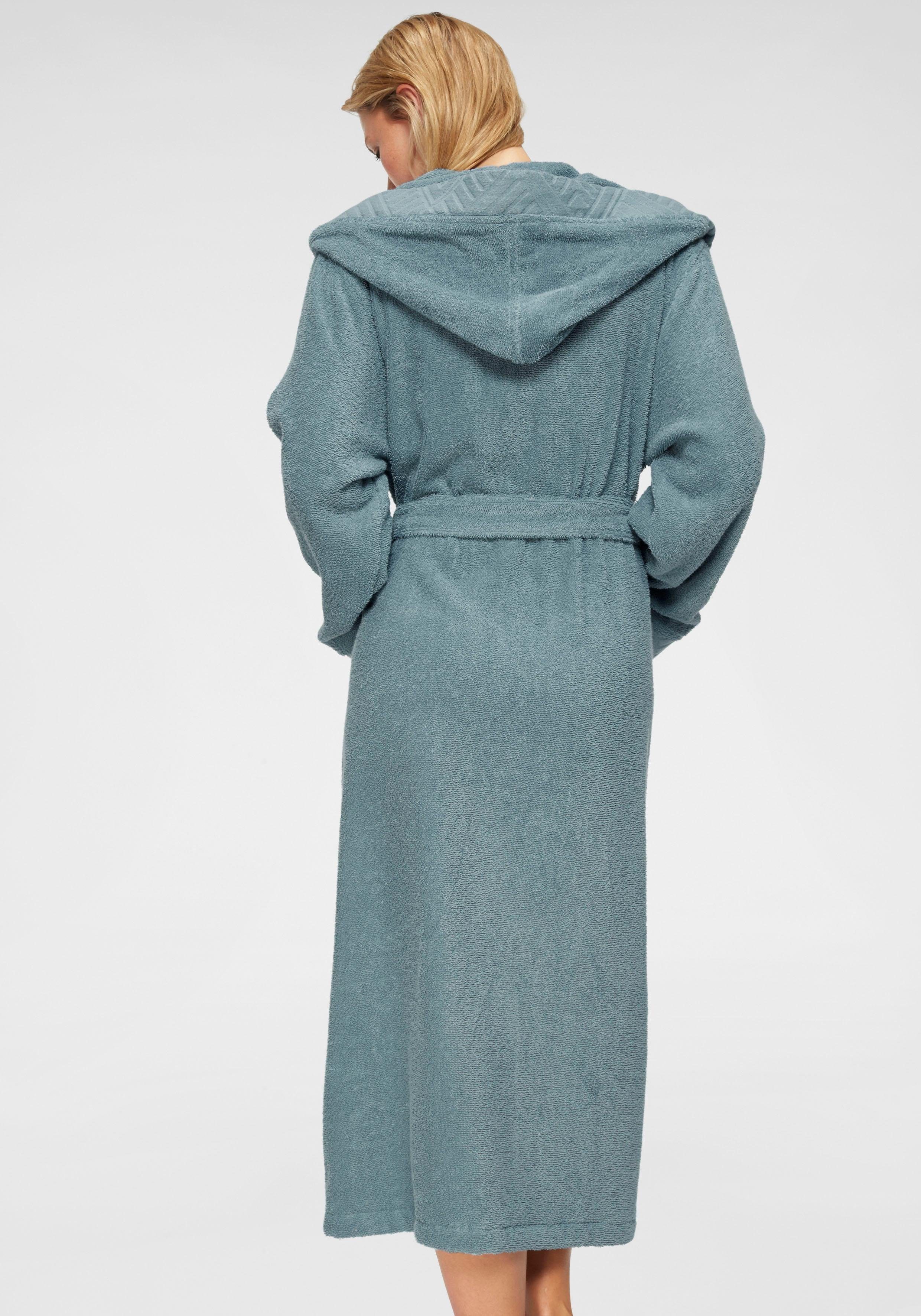OTTO home Damenbademantel Livia, ideal für Sauna & Spa, Hotelbademantel, Langform, Walkfrottee, Kapuze, Gürtel, gemusterter Bordüre, langer Bademantel Damen, 100% Baumwolle, XS-2XL