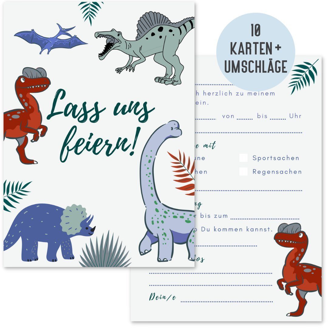 Things of Happiness Einladungskarten 10 Kindergeburtstag Einladungen inkl. Umschläge Tiere Feuerwehr, Dinosaurier Safari Reh Dschungel