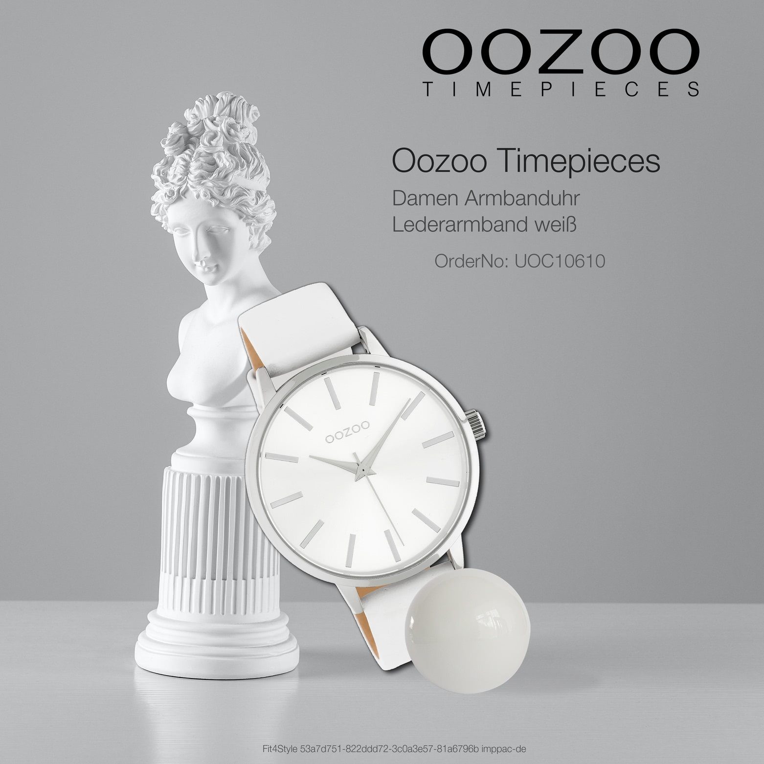 42mm) weiß, Damen Quarzuhr Fashion-Style Oozoo (ca. rund, groß Armbanduhr Lederarmband, Damenuhr OOZOO