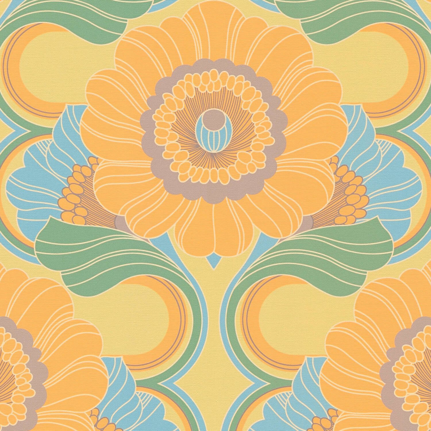 Profhome Vliestapete 395301-GU Retro Tapete Blumen matt gelb türkis-blau beige-grau, geprägt, (1 Rolle, 4,51 qm), heißgeprägte Vliestapete, gelb