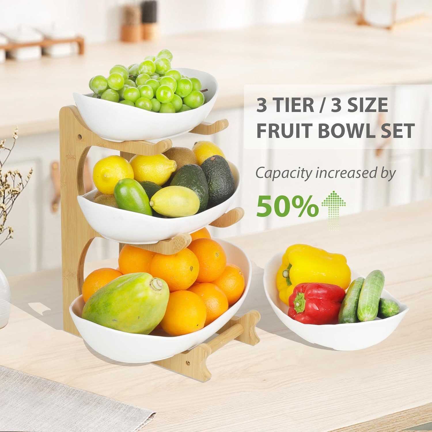 LIBWYS Obstschale Obst Etagere 3 Etagen Keramik Obstschale mit Bambusständer weiß, (Obst Etagere 3 Etagen Keramikschalen mit Bambusständer weiß Küche), Vertikales Design, stabile L-Form, platzsparend, vielseitig nutzbar