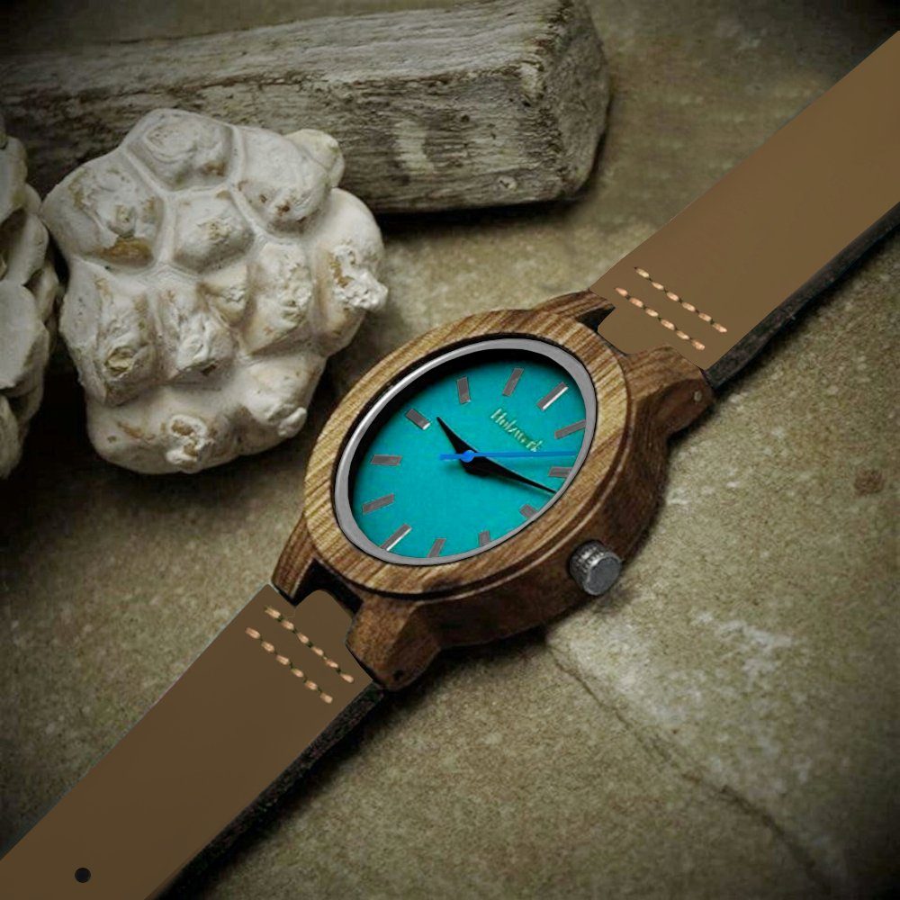 Damen Uhr Holz & Leder kleine & Quarzuhr LIL türkis blau braun Armband NAILA Holzwerk in