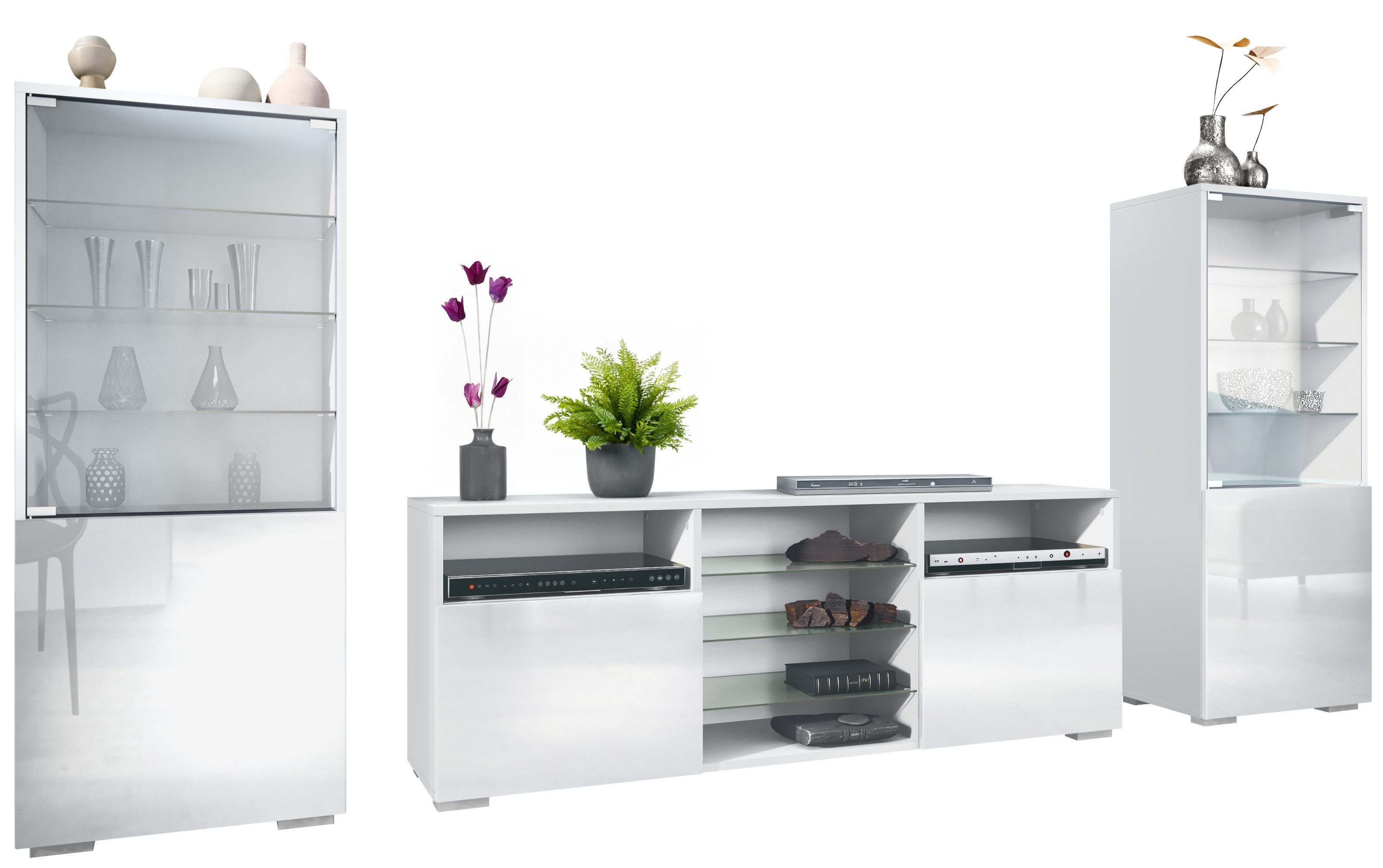 Vladon Wohnwand Granada, (Anbauwand, bestehend aus 2 Vitrinen und 1 TV-Board), Weiß matt/Weiß Hochglanz (286 x 122,5 x 35 cm)