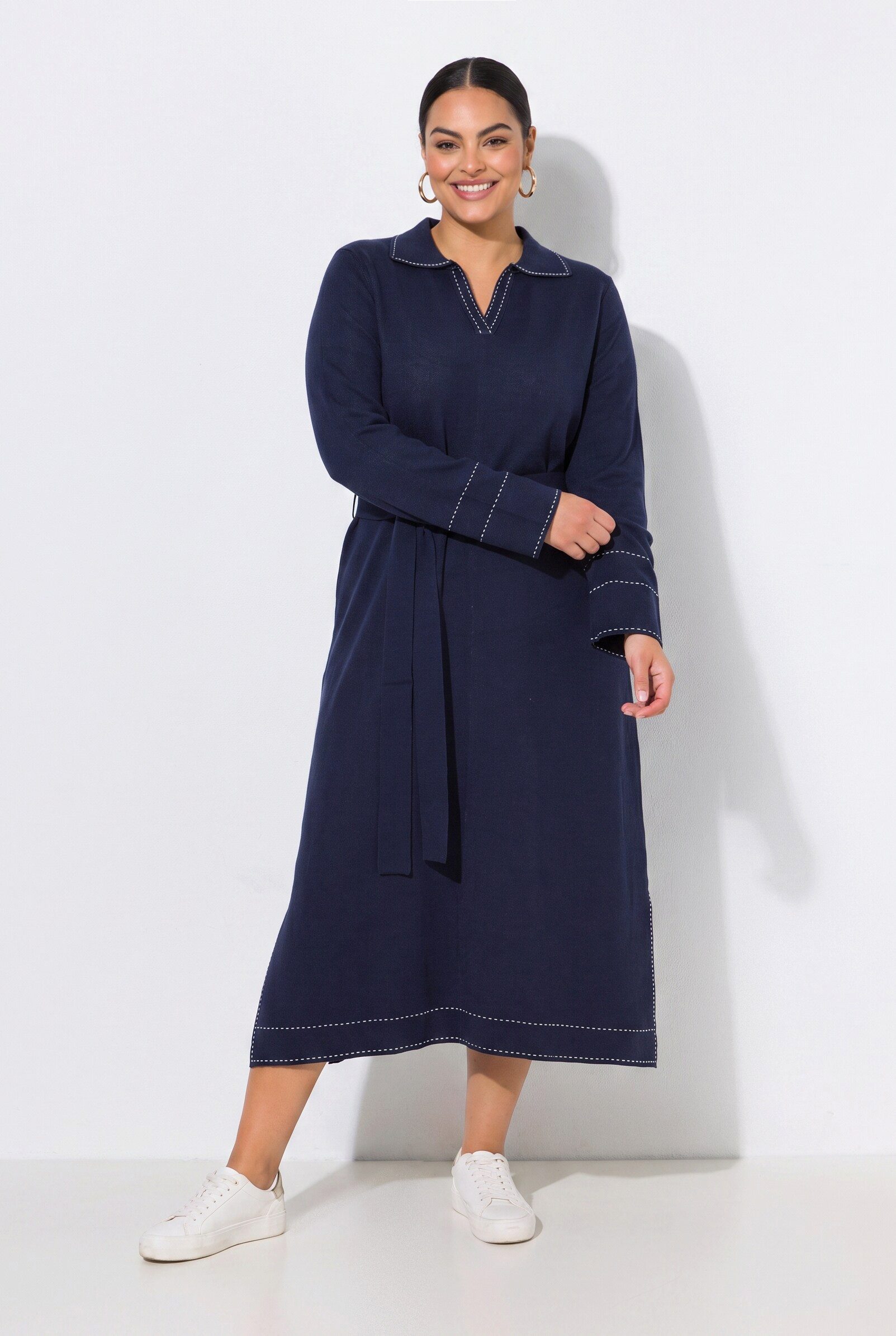 Ulla Popken Strickkleid Maxi-Strickkleid Hemdkragen V-Ausschnitt Langarm