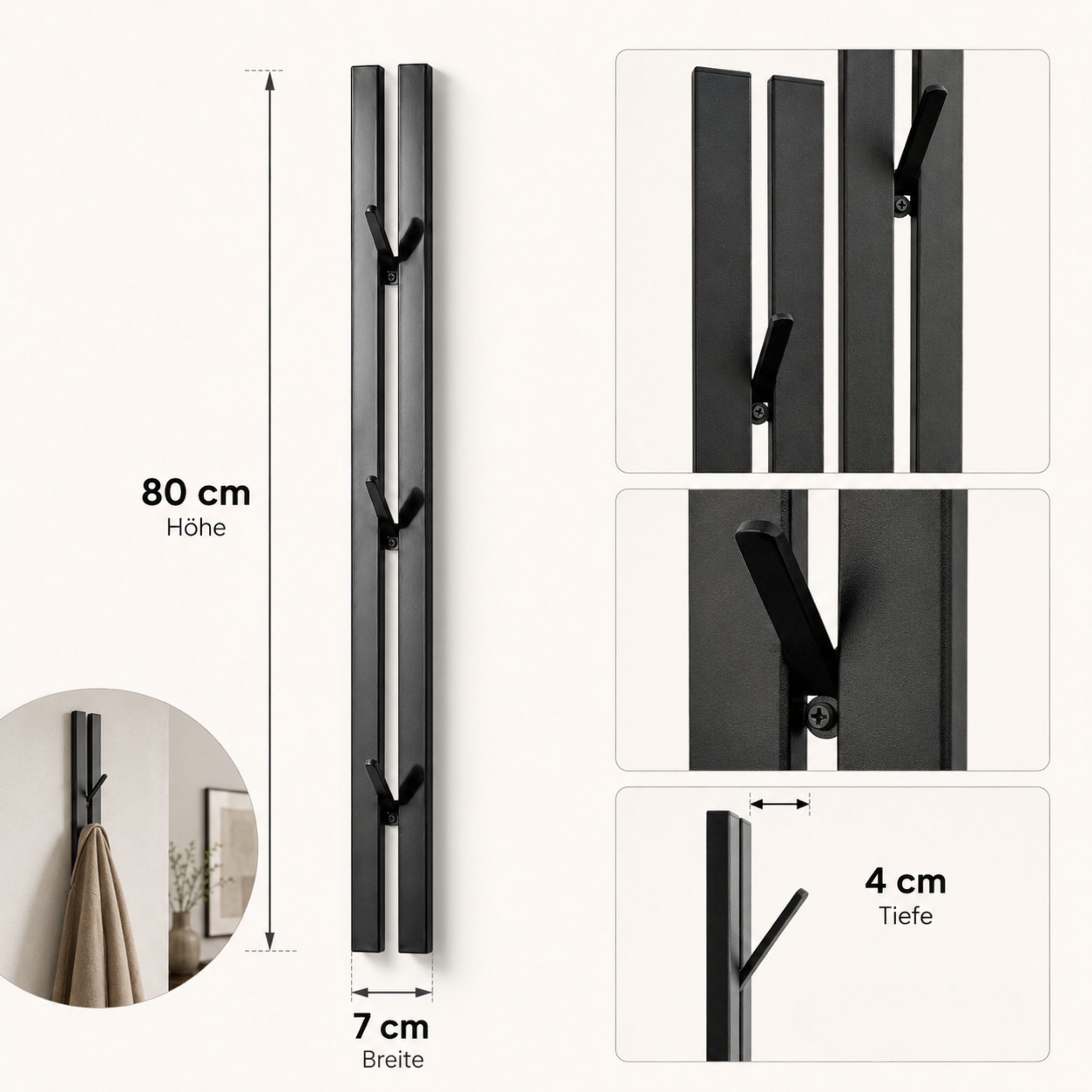 DanDiBo Wandgarderobe Garderobe Schwarz Metall 2er Set Modern 96779 Wand mit Haken – Bild 2 von 5