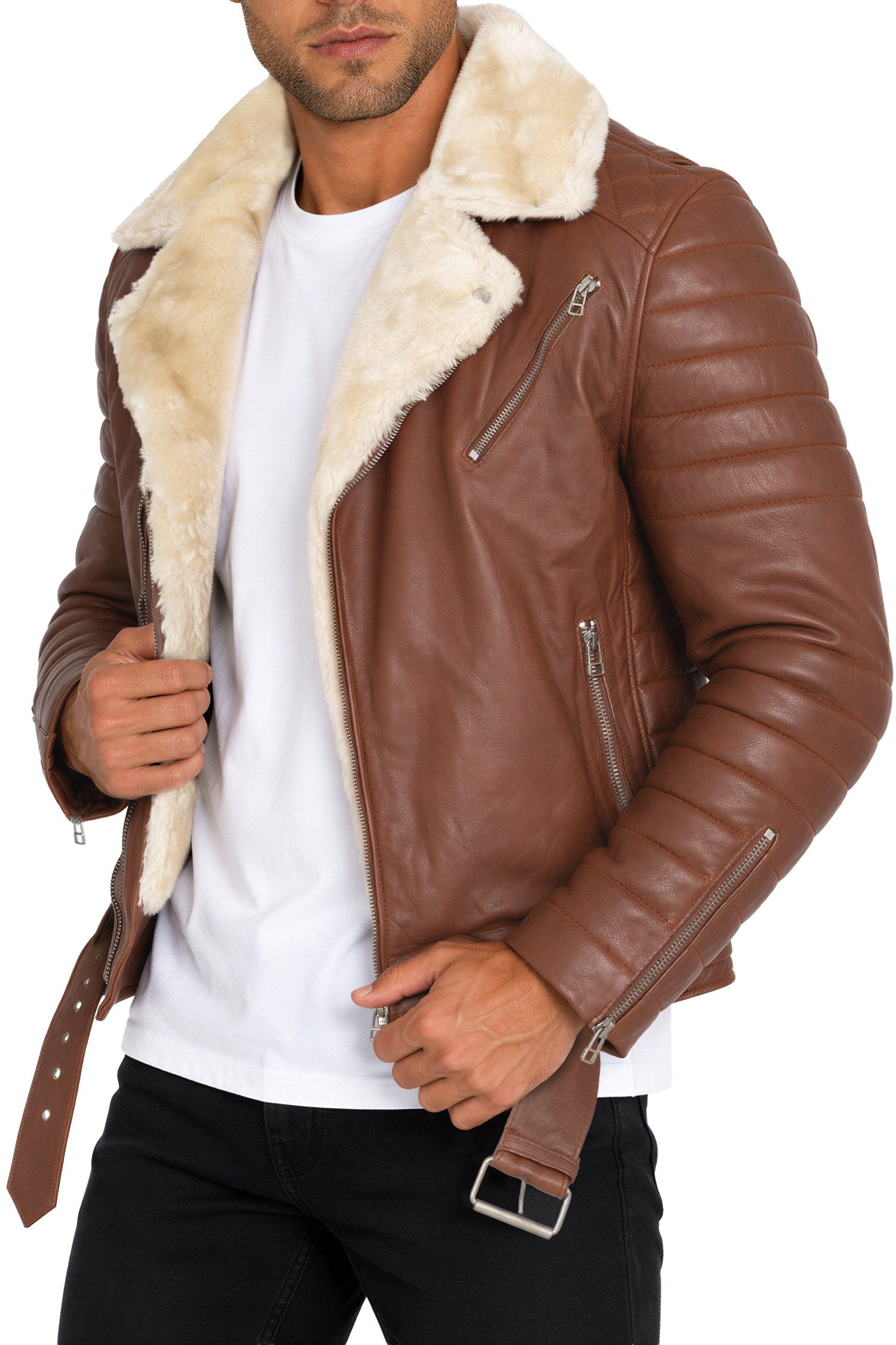 Reichstadt Lederjacke Herren Slim Fit Bikerjacke Black Zipper RS008LUX gefüttert mit Steppmustern – Bild 5 von 5