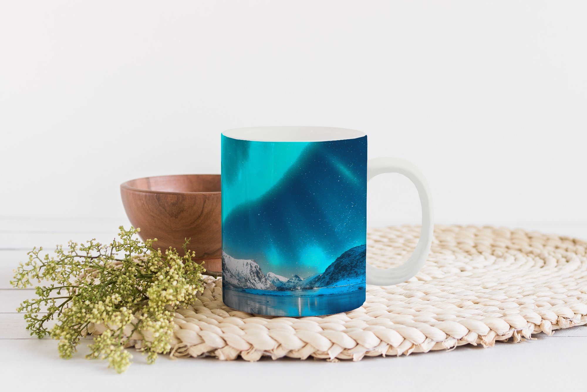 MuchoWow Tasse Nordlicht Blau Teetasse, Becher, Schnee - - Geschenk Keramik, Teetasse, Norwegen - - Kaffeetassen, - Eis Berge