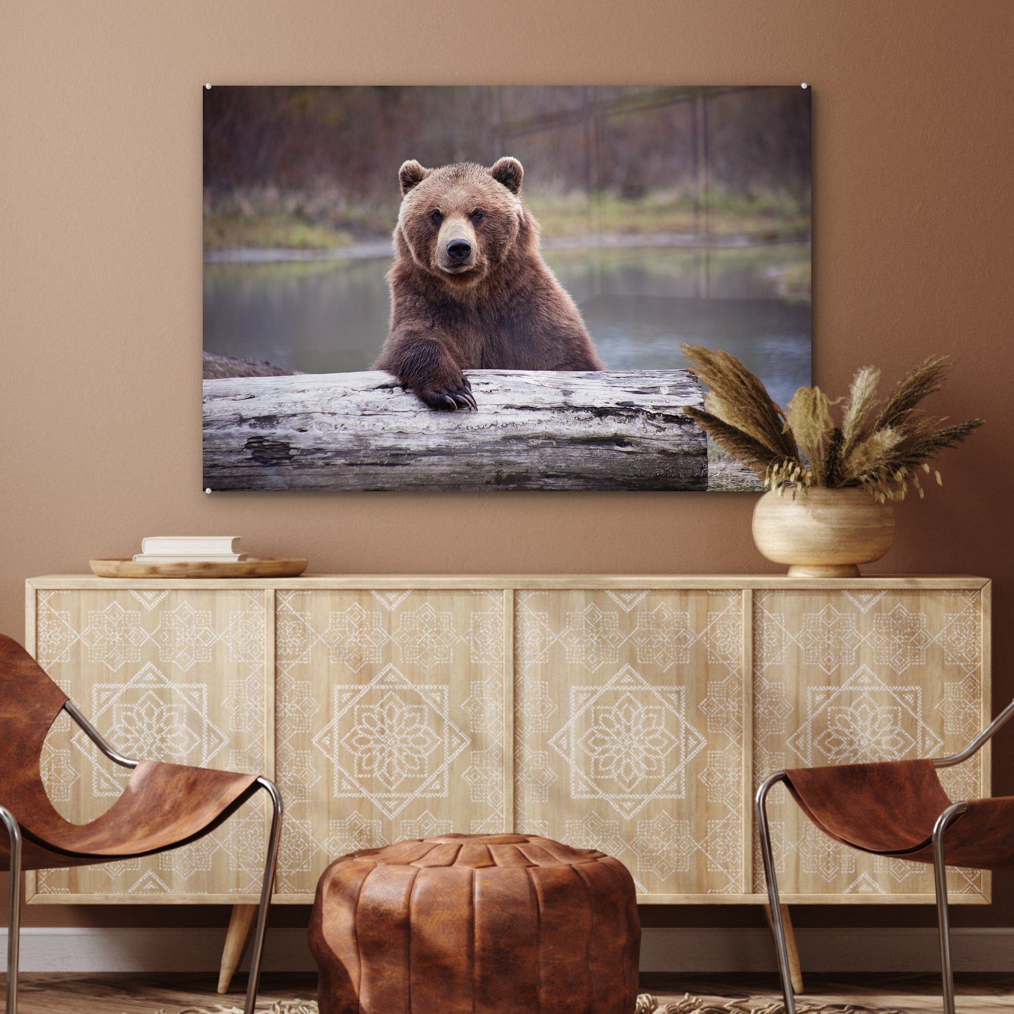 einem (1 Acrylglasbilder Acrylglasbild MuchoWow St), Wohnzimmer Grizzlybären Schlafzimmer & Bild Hintergrund, verblassten eines vor