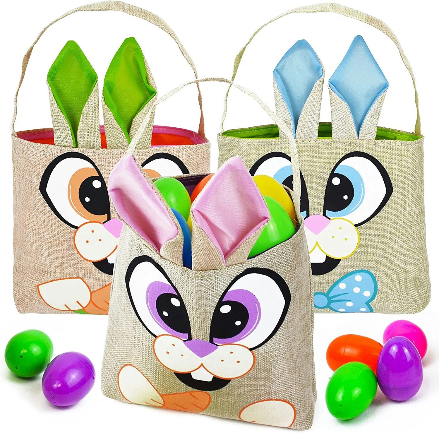 UE Stock Tragetasche 3 Stk stilvolle Ostern Canvas Tragetaschen mit süßem Osterhasen-Motiv, für die Osterfeier oder als Partygeschenk