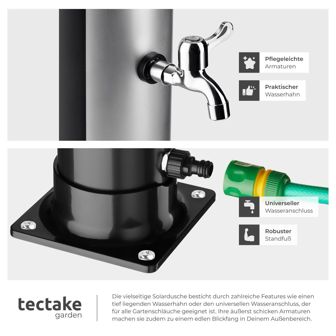 tectake Gartendusche Solardusche - umweltfreundlich mit 20 l Tank (Freiluftdusche Tinto, 1 St., in Schwarz/Silber), Drehbarer Regenduschkopf mit 360° Gelenk