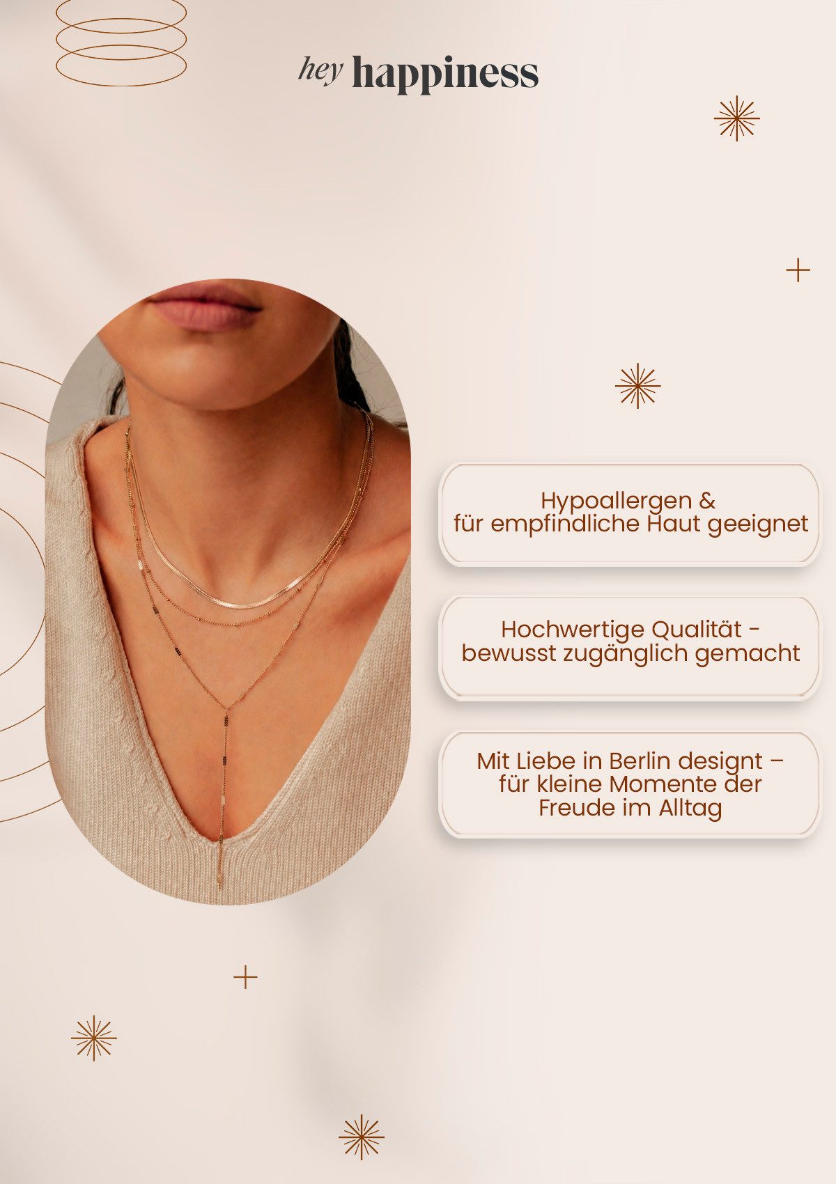 Hey Happiness Y-Kette Layering Kugel & Plättchen, Vergoldete Damen Lariat-Kette aus Edelstahl, wasserfest