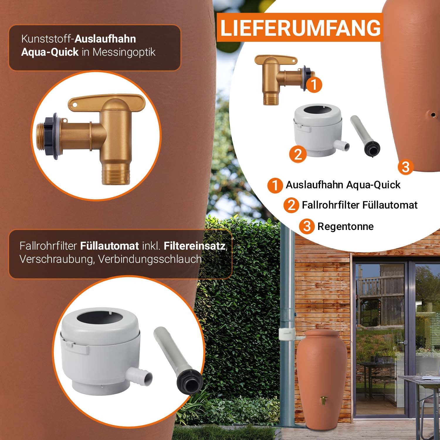GARANTIA Regentonne Amphore Regentonnen Komplett-Set 240 L terrakotta, 240 l