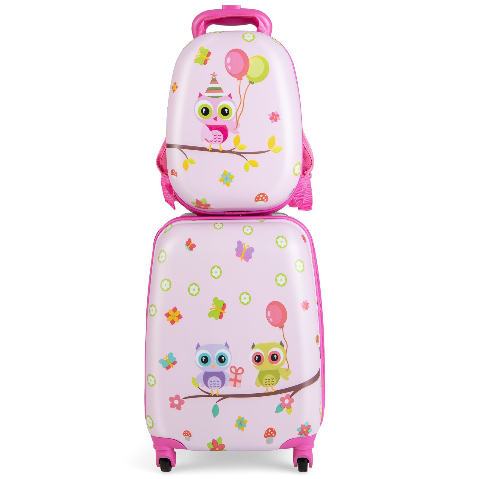 COSTWAY Kinderkoffer 12"+16" mit Rucksack, Kindertrolley hellrosa