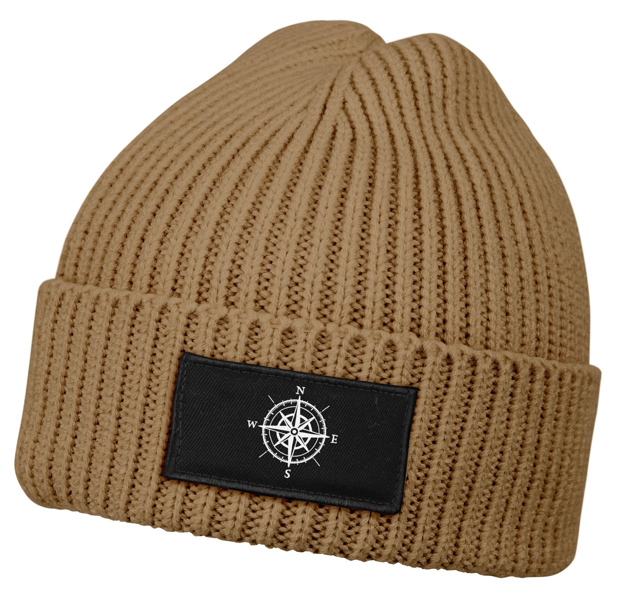 Neverless Strickmütze Damen Beanie Wintermütze mit Patch Wind-Rose Kompass Outdoor Fashion
