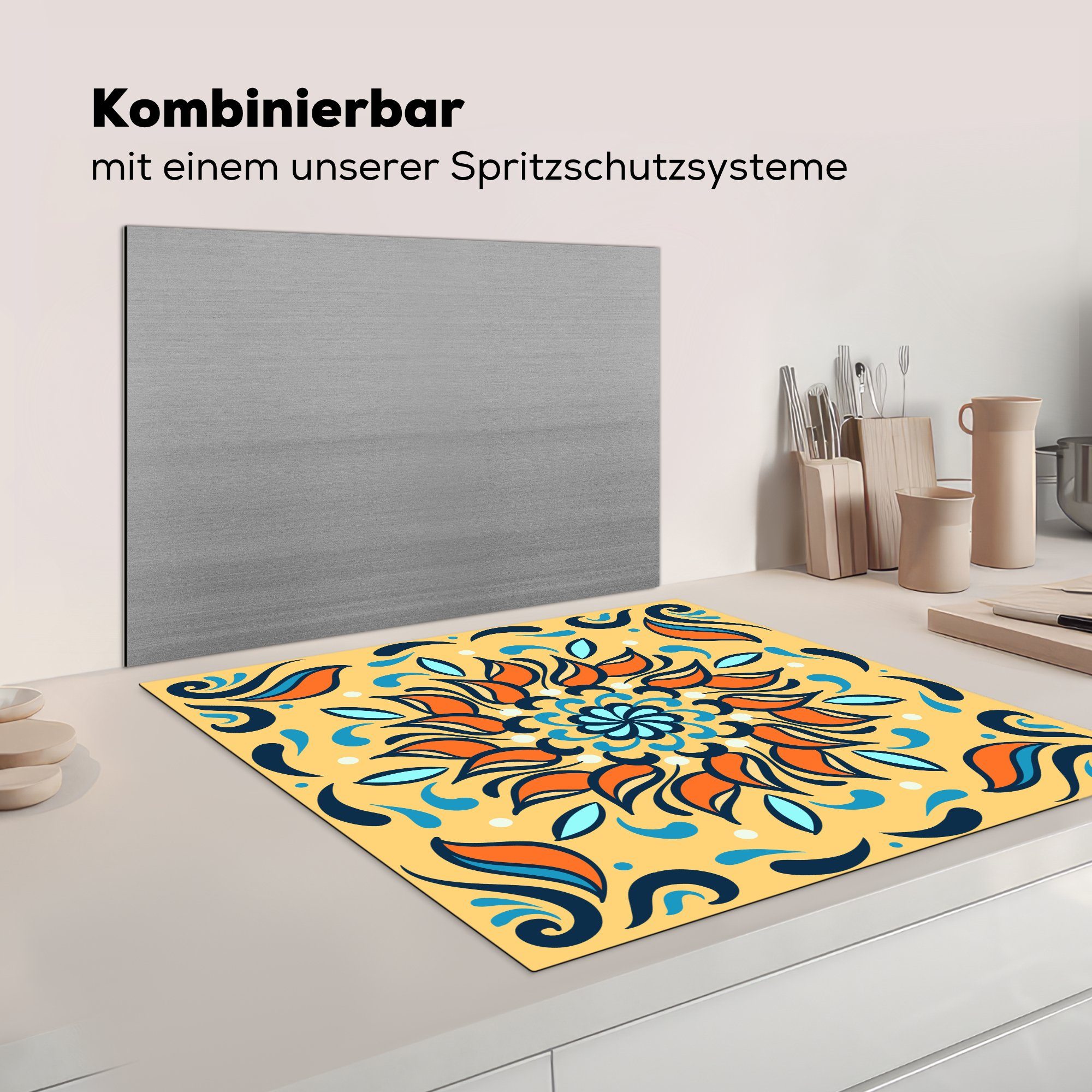 Vinyl, Sonnenblumen Blätter Arbeitsplatte für 78x78 cm, Herdblende-/Abdeckplatte (1 MuchoWow - - Ceranfeldabdeckung, tlg), küche Quadratisch,