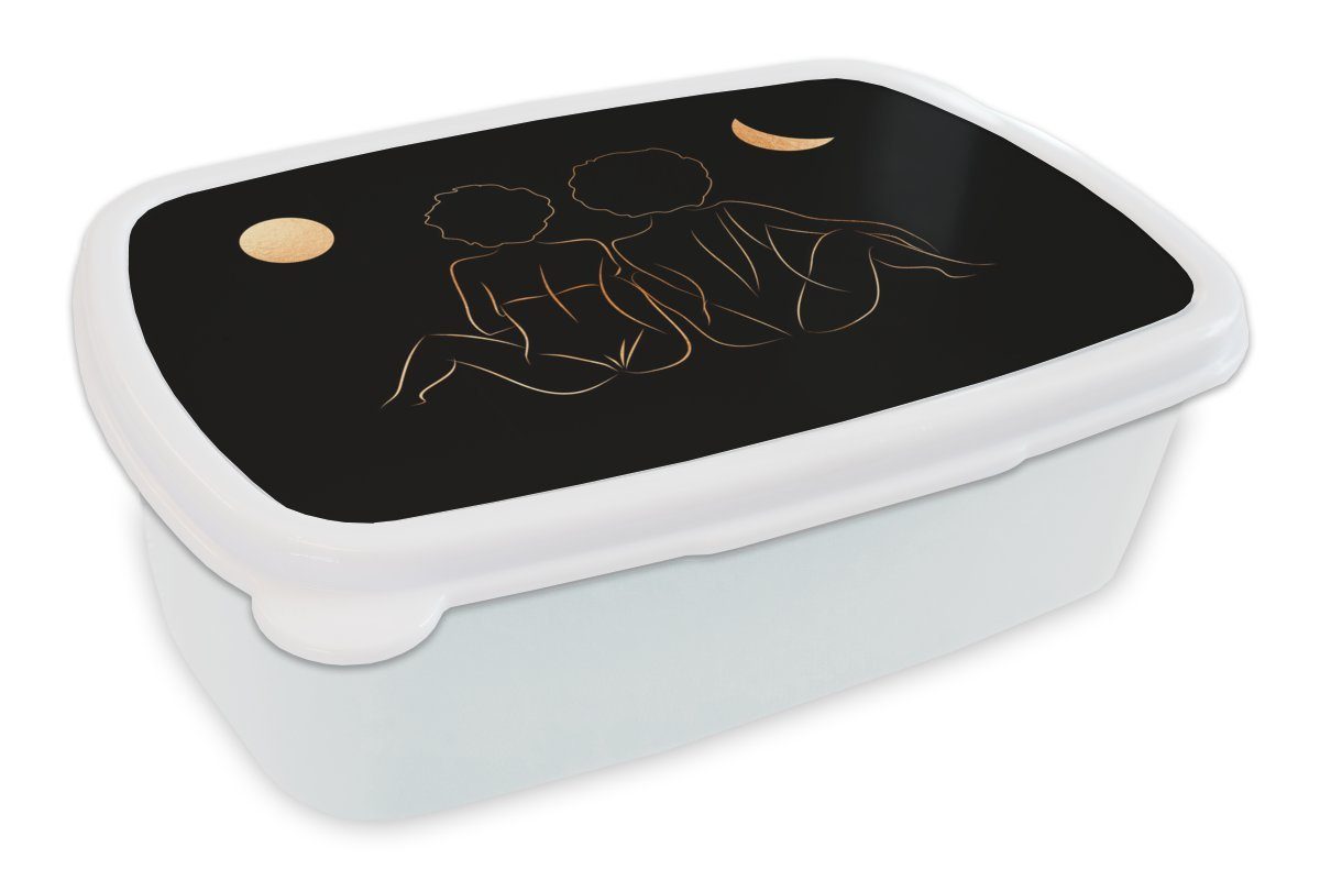 MuchoWow Lunchbox Frauen - Mond - Gold - Strichzeichnung, Kunststoff, (2-tlg), Brotbox für Kinder und Erwachsene, Brotdose, für Jungs und Mädchen weiß