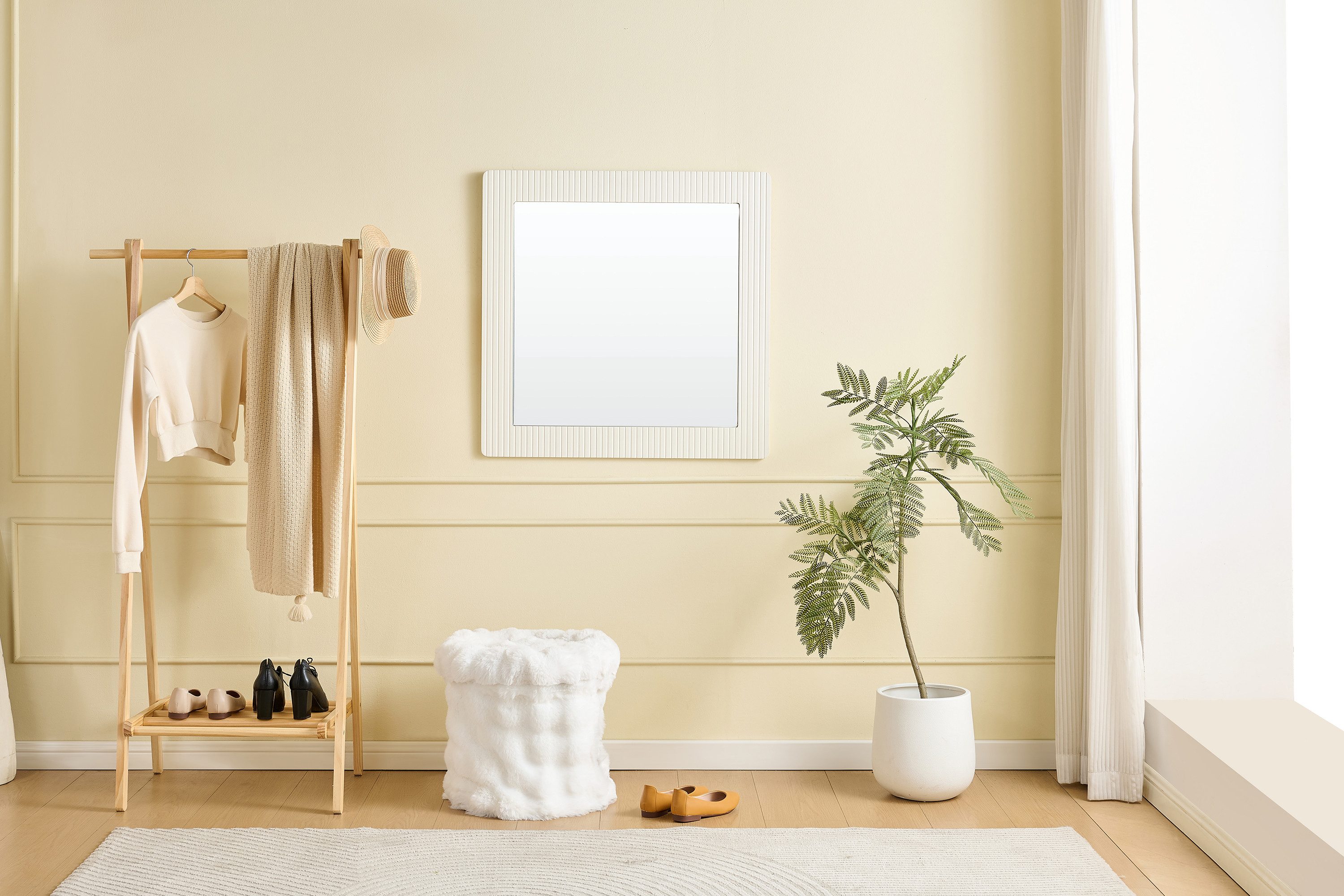 STILVORA Wohnzimmer-Set mit Holzoptik,quadratischer Wandspiegel Spiegel für Flur&Schlafzimmer, (Packung, 1-St., MDF), mit weißem Rahmen in Holzoptik, klarer Spiegelfläche