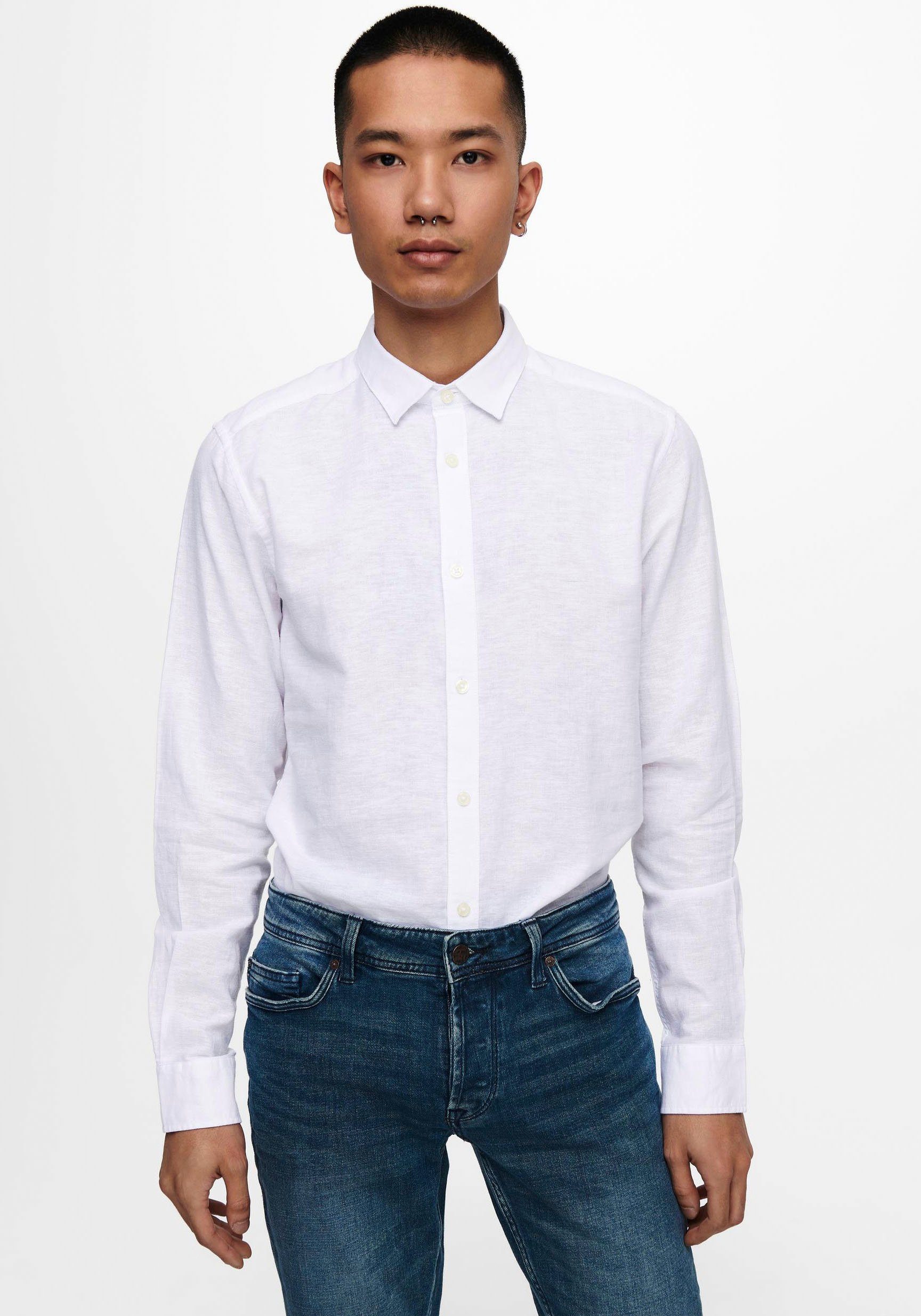 ONLY & SONS Langarmhemd ONSCAIDEN LS SOLID LINEN SHIRT NOOS White | Freizeithemden