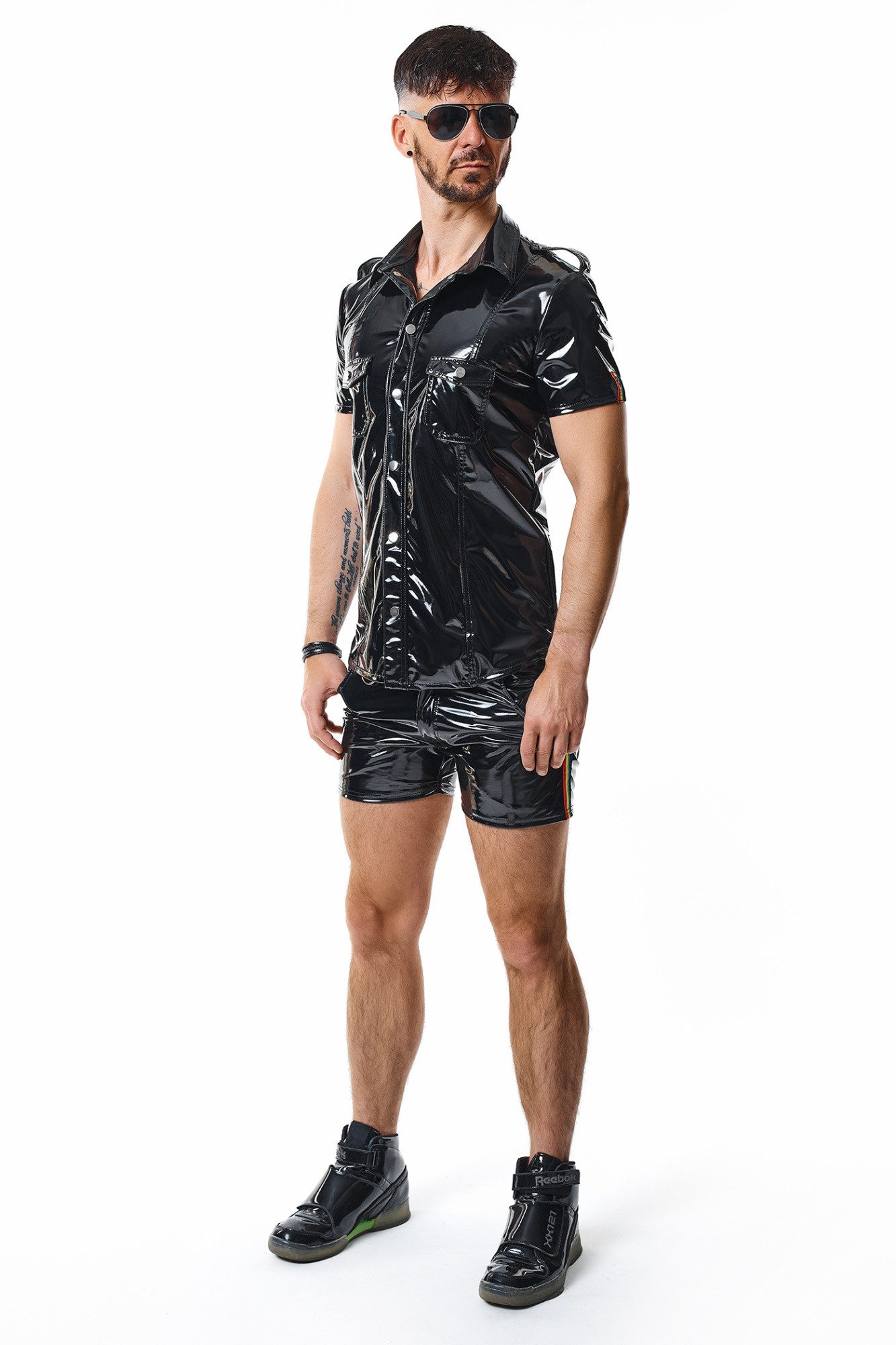 Regnes Fetish Planet T-Shirt Herren T-Shirt schwarz glänzend elastisch mit Stehkragen Taschen
