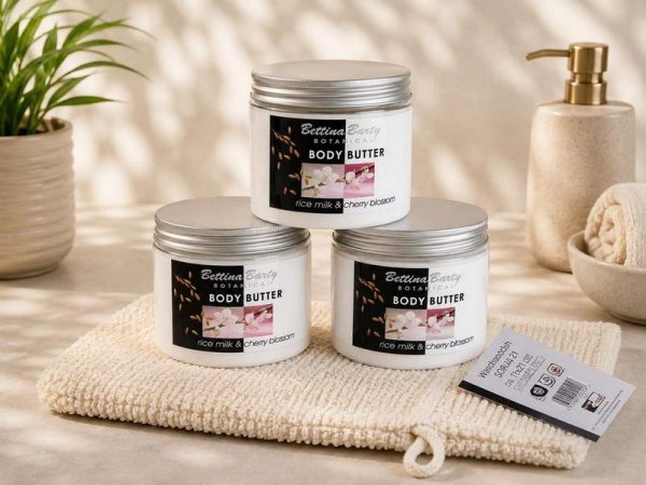 Bettina Barty Pflege-Geschenkset – 3x Rice Milk & Cherry Blossom Body Butter 400ml & Waschhandschuh Geschenkset, Waschhandschuh 100% Baumwolle