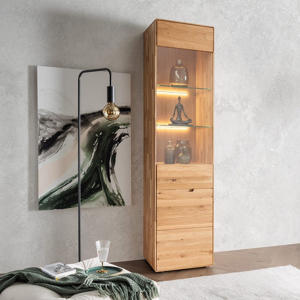 Lomadox Vitrine WISLA-69 Eiche massiv, 51 cm, LED Beleuchtung, Griffeinfräsung, Softclose