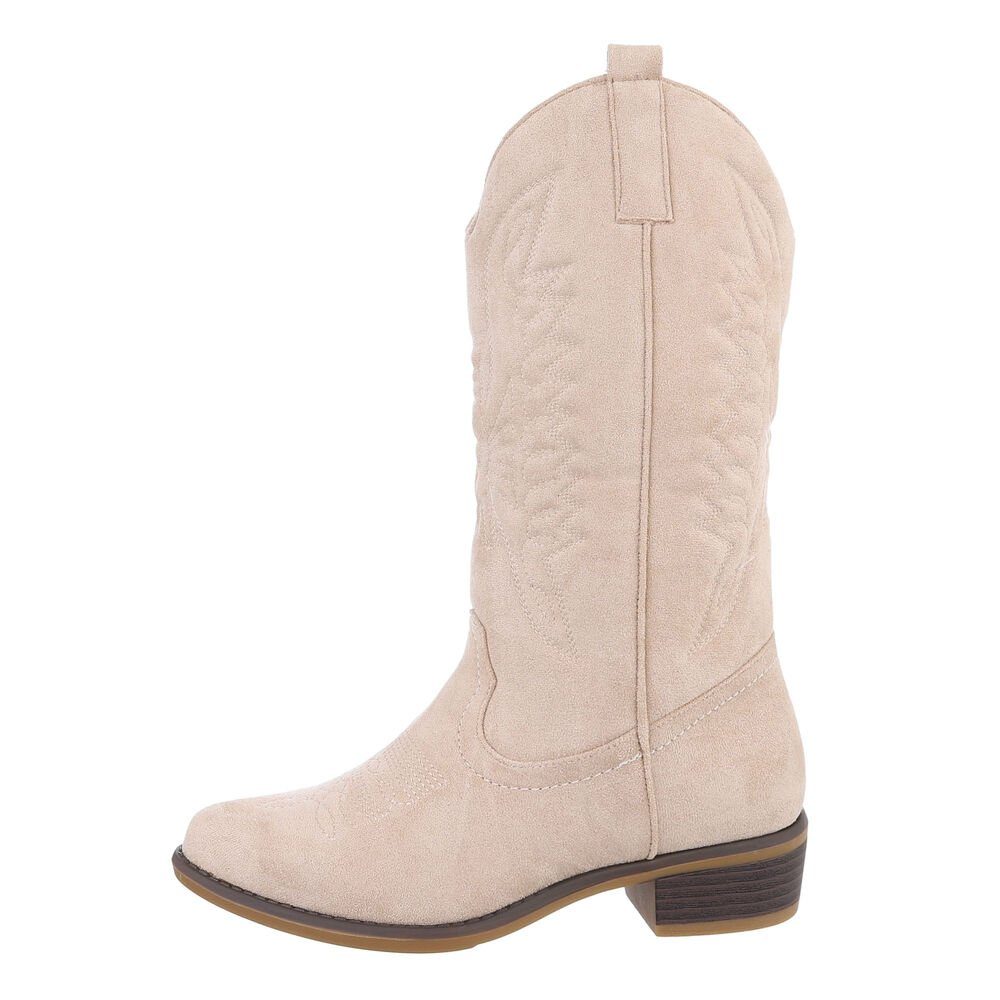 Ital-Design Damen Cowboyboots Western Westernstiefel Blockabsatz Flache Stiefel in Beige