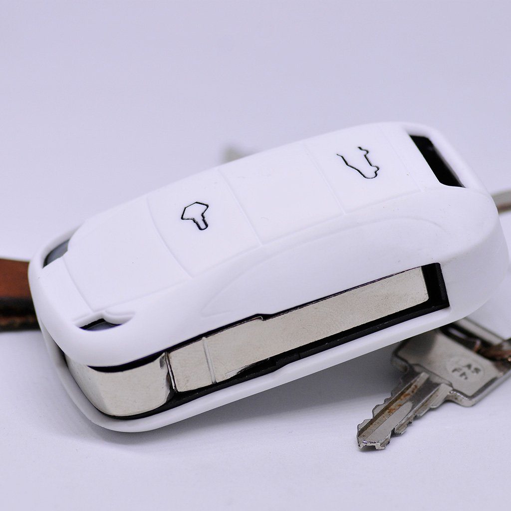 mt-key Schlüsseltasche Autoschlüssel Softcase Silikon Schutzhülle Weiß, für Porsche Cayenne 955 9PA 2002-2012 2 Tasten Klappschlüssel