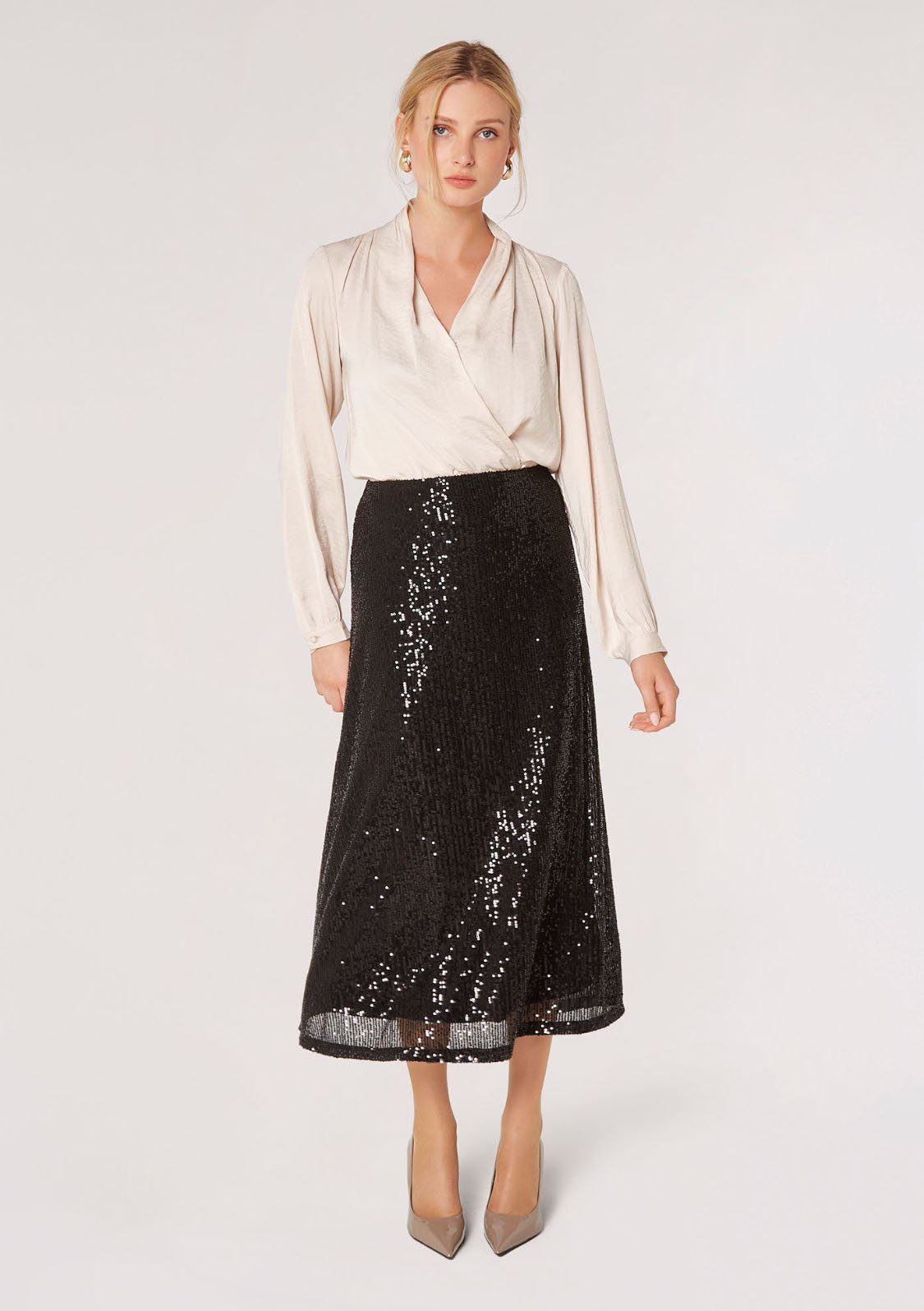 Pailletten Midi Midirock Apricot mit Skirt (1-tlg) Sequin Sparkle