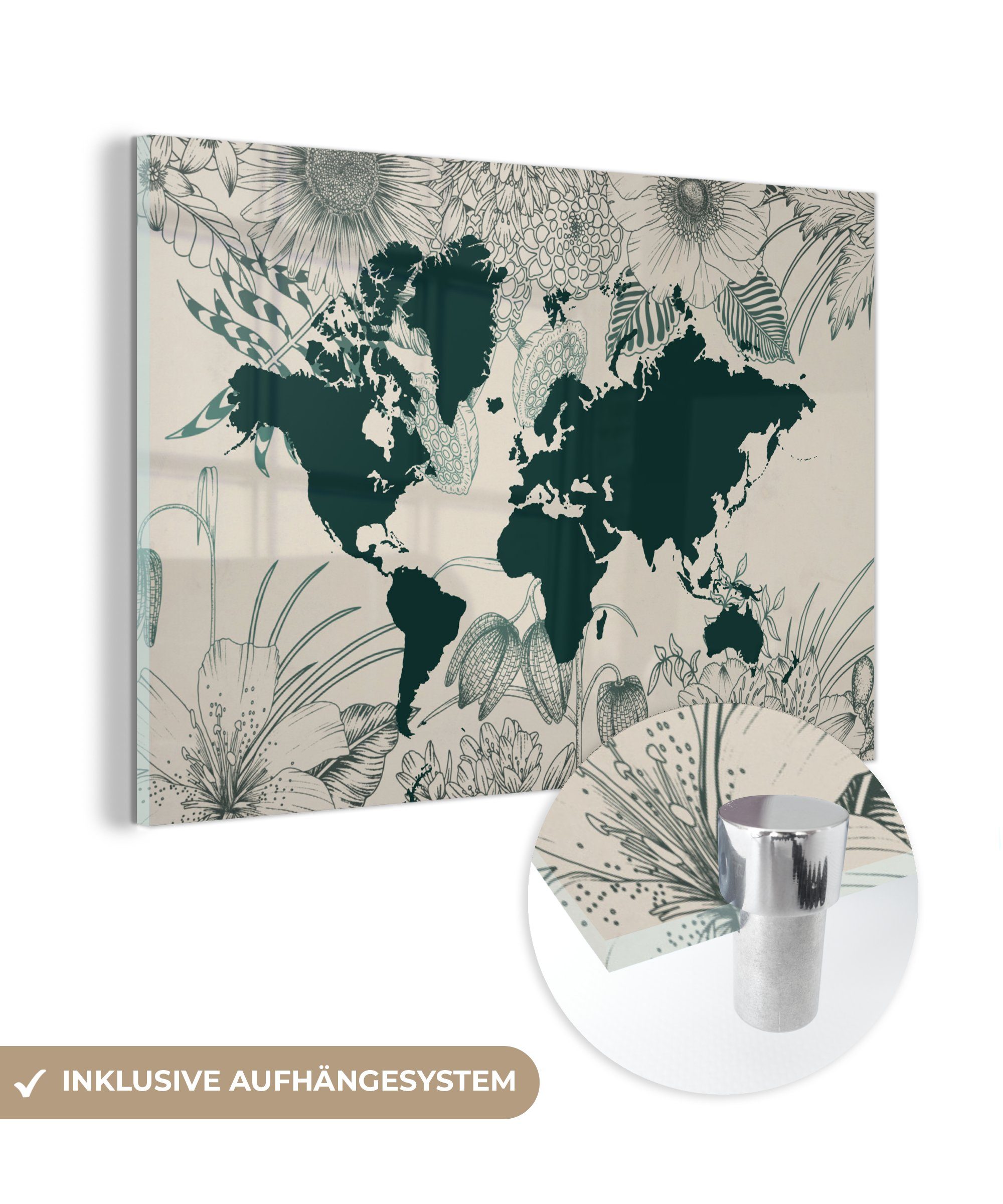 MuchoWow Acrylglasbild Weltkarte - Blumen - Pflanzen, (1 St), Glasbilder - Bilder auf Glas Wandbild - Foto auf Glas - Wanddekoration | Bilder