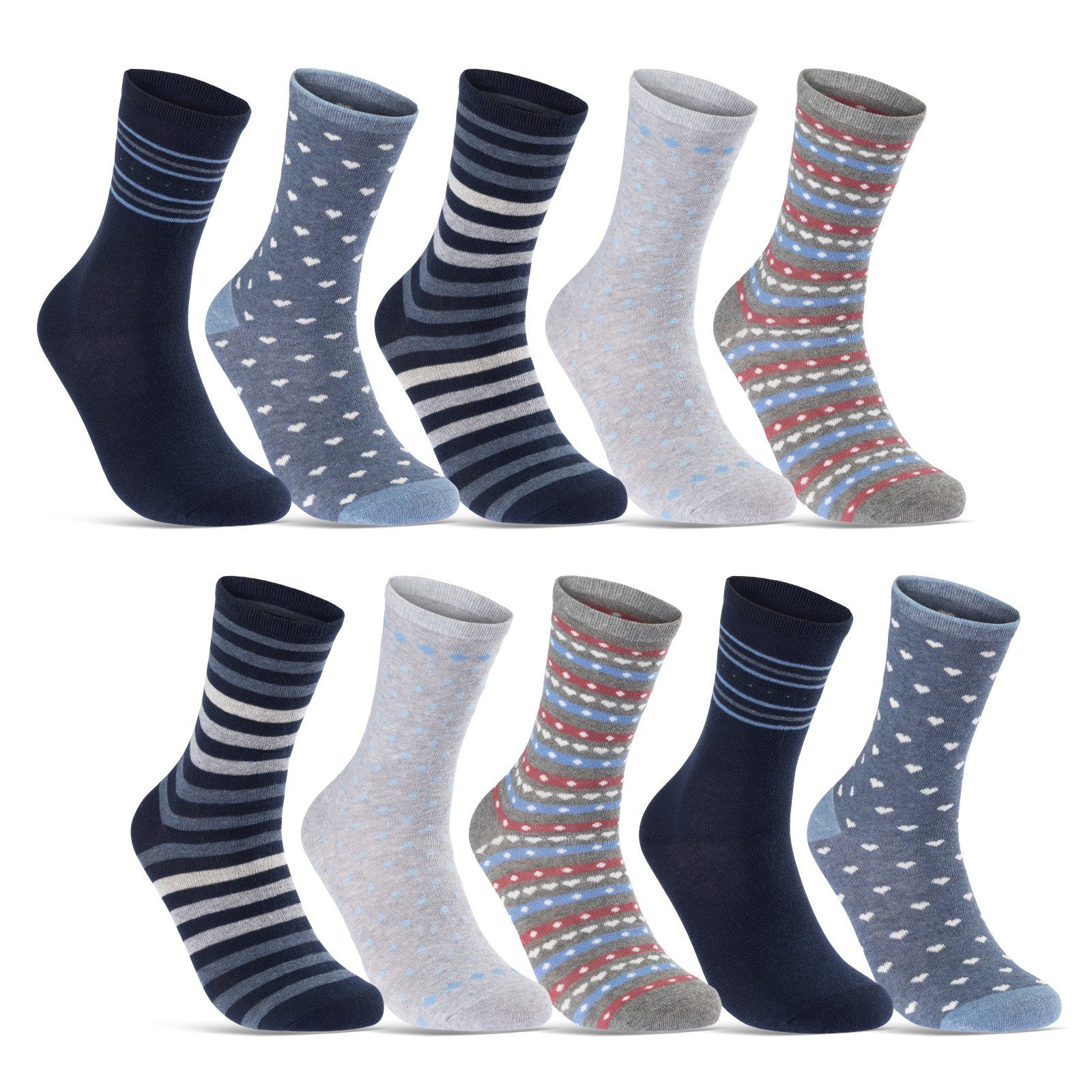 sockenkauf24 Basicsocken 10 Paar Damen Socken Mehrfarbig Streifen Punkte (34977/2, 39-42) Herzen Maritim Baumwolle WP