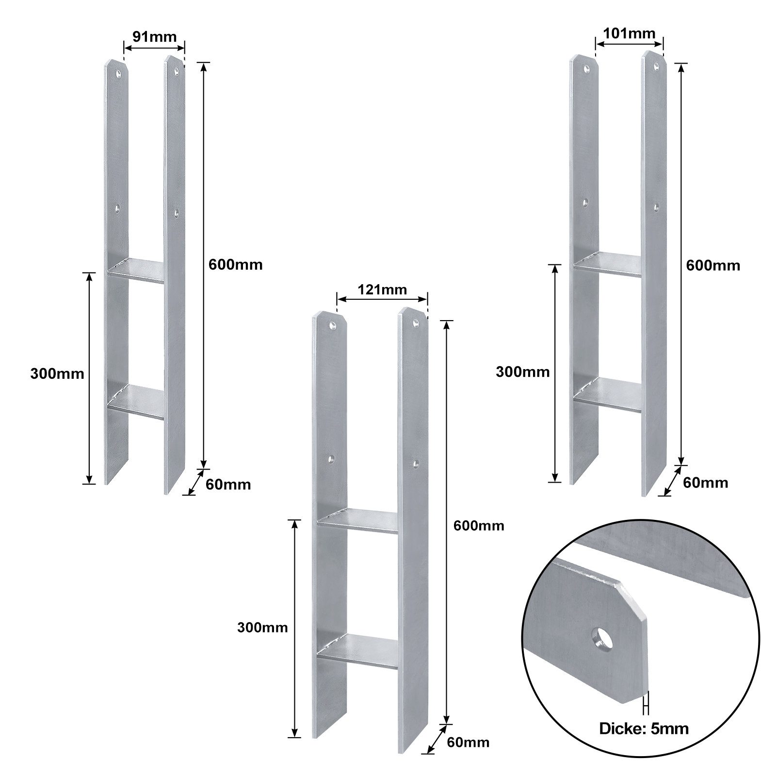 FIVMEN Pfostenträger H-Pfostenträger in Ausführung H-anker Stahlträger- 600 mm Länge, (2-St), H-Anker Pfostenanker Set