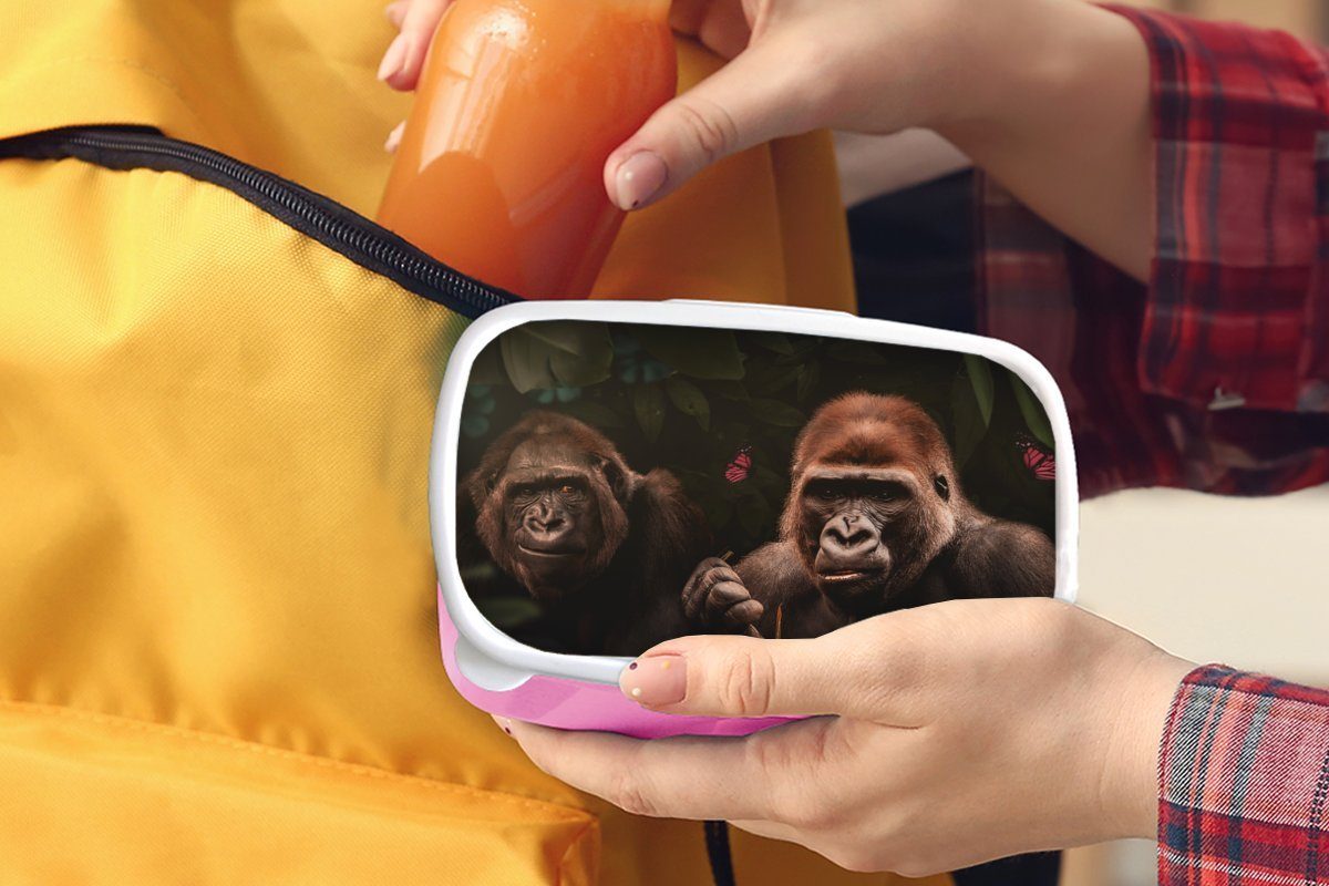 MuchoWow Lunchbox Gorilla für Pflanzen Brotdose Dschungel - Schmetterling, Brotbox Kinder, - Erwachsene, Snackbox, (2-tlg), - rosa Kunststoff, Mädchen, Kunststoff