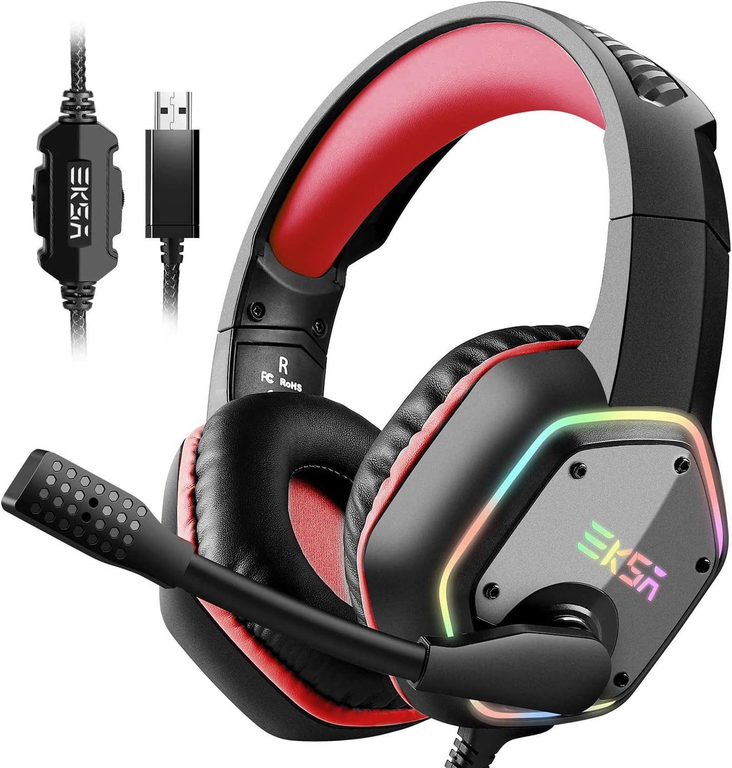 EKSA USB mit Mikrofon und Surround Sound Gaming-Headset (Die 50-mm-Treiber liefern kraftvollen Bass und präzisen Klang für jedes Gaming Detail, RGB Over-Ear Kopfhörer für PC PS4 PS5 mit Noise Cancelling Mikrofon)
