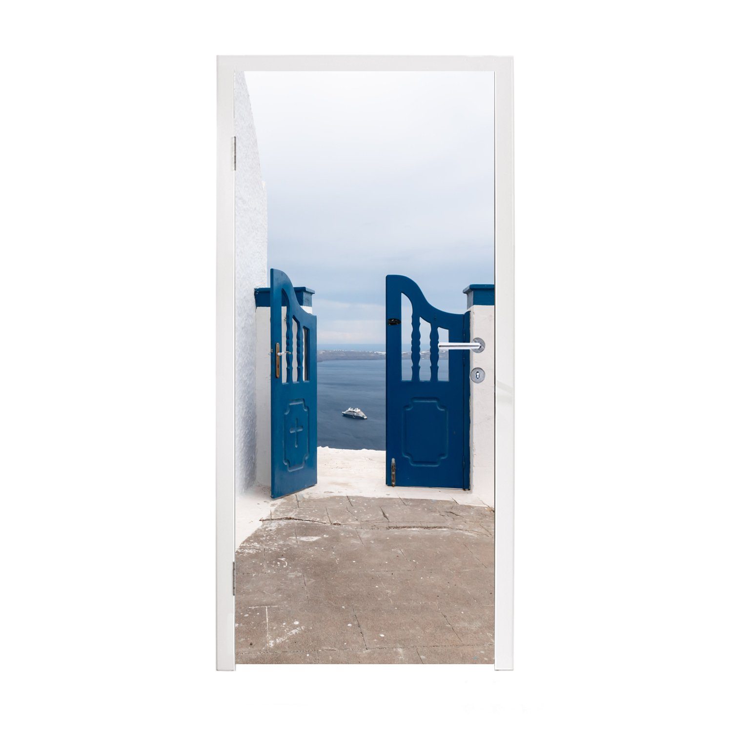Weiß cm Blau - Tür (1 MuchoWow Architektur, - bedruckt, für St), Tür, 75x205 - Türtapete Matt, Türaufkleber, Fototapete