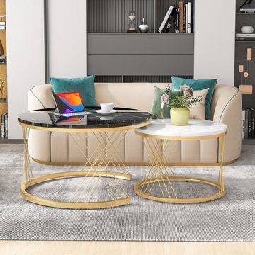 MODFU Couchtisch Satz Marmor Furnier Sofa Seite Nest von Tischen (Für Stabilität Und Haltbarkeit Einfach Zu Montieren, 2-St., Goldene Farbe Frame), Nesting Design, Smart Einzigartiges Design