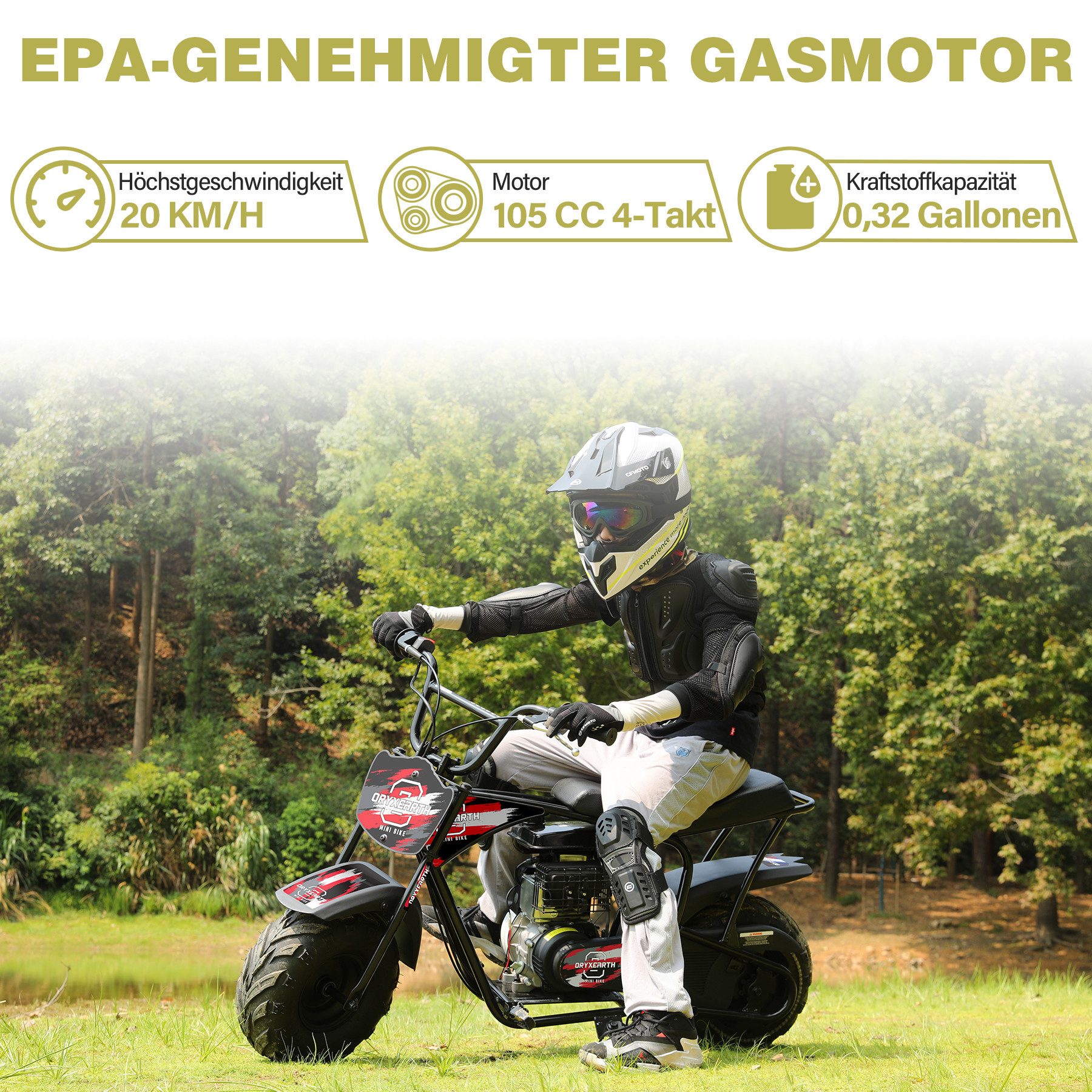 Oryxearth Dirt-Bike Pocket bike Minicross 105cc 20km/h Gasbetriebenes Offroad-Motorrad