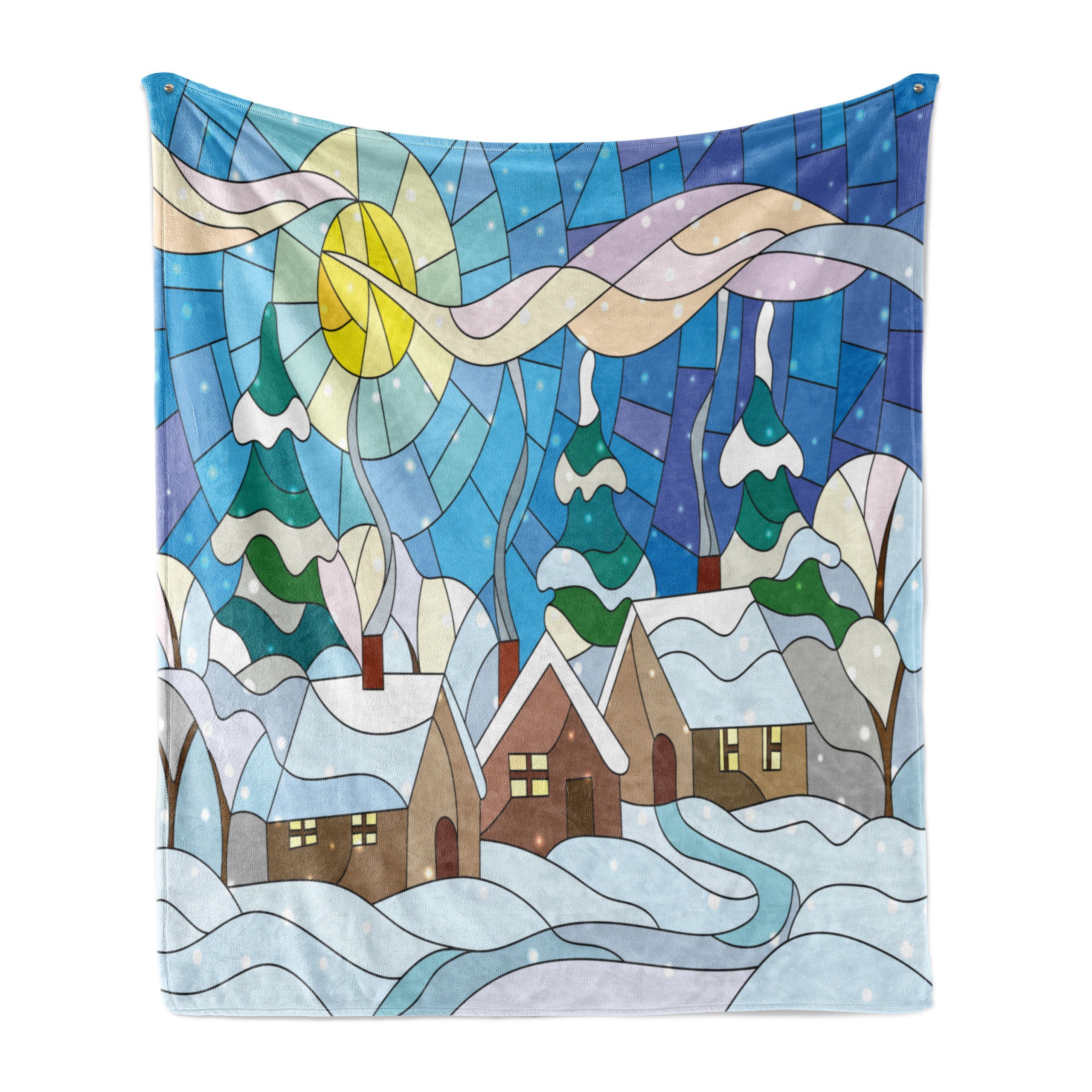 Wohndecke Gemütlicher Plüsch für den Innen- und Außenbereich, Abakuhaus, Winter Buntglas Snowy Dorf