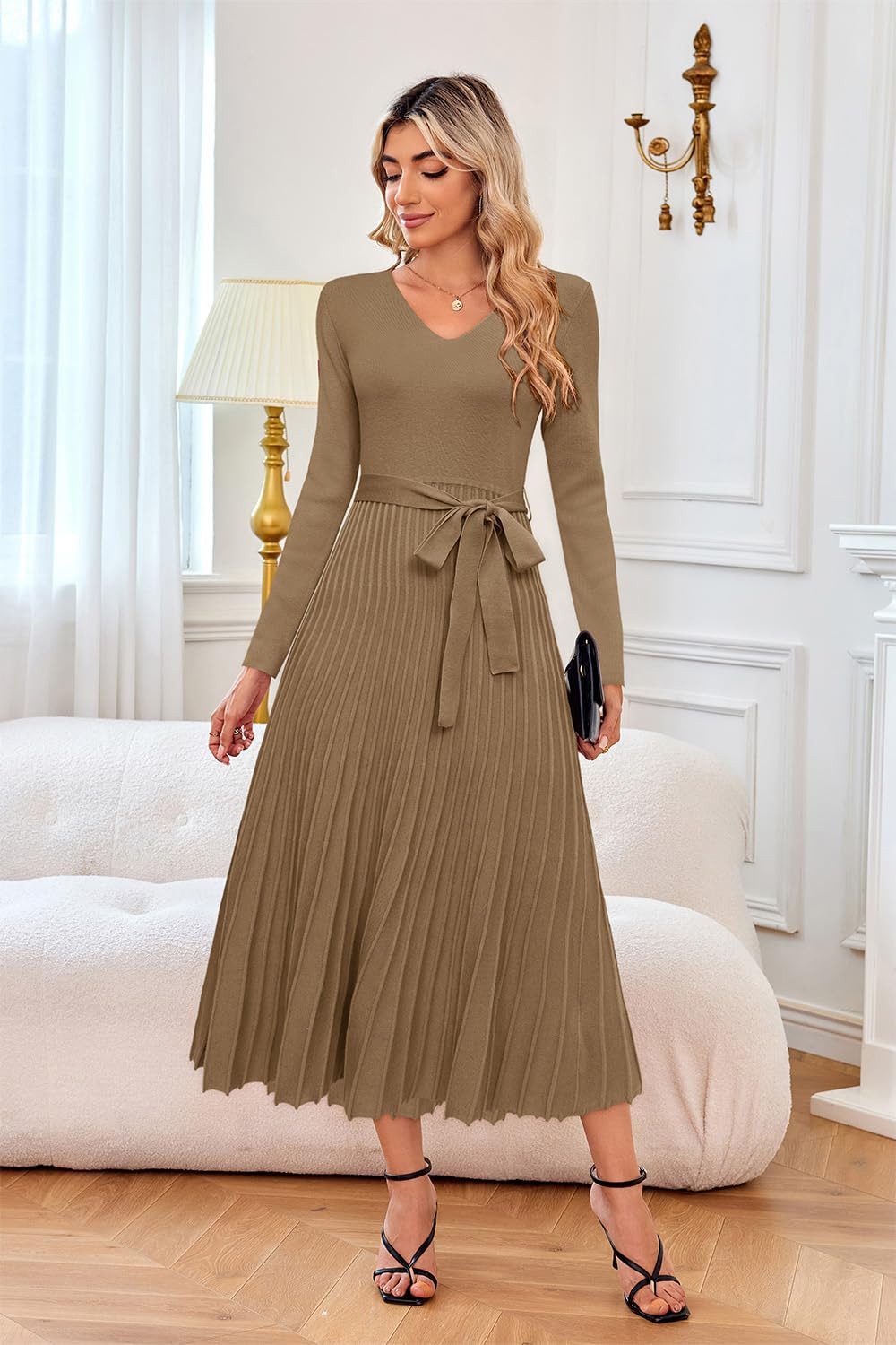 Arach&Cloz Strickkleid Damen Pulloverkleid Herbst Winterkleid Lang Plissee V-Ausschnitt Langarm Elegant Midi Kleider Winter