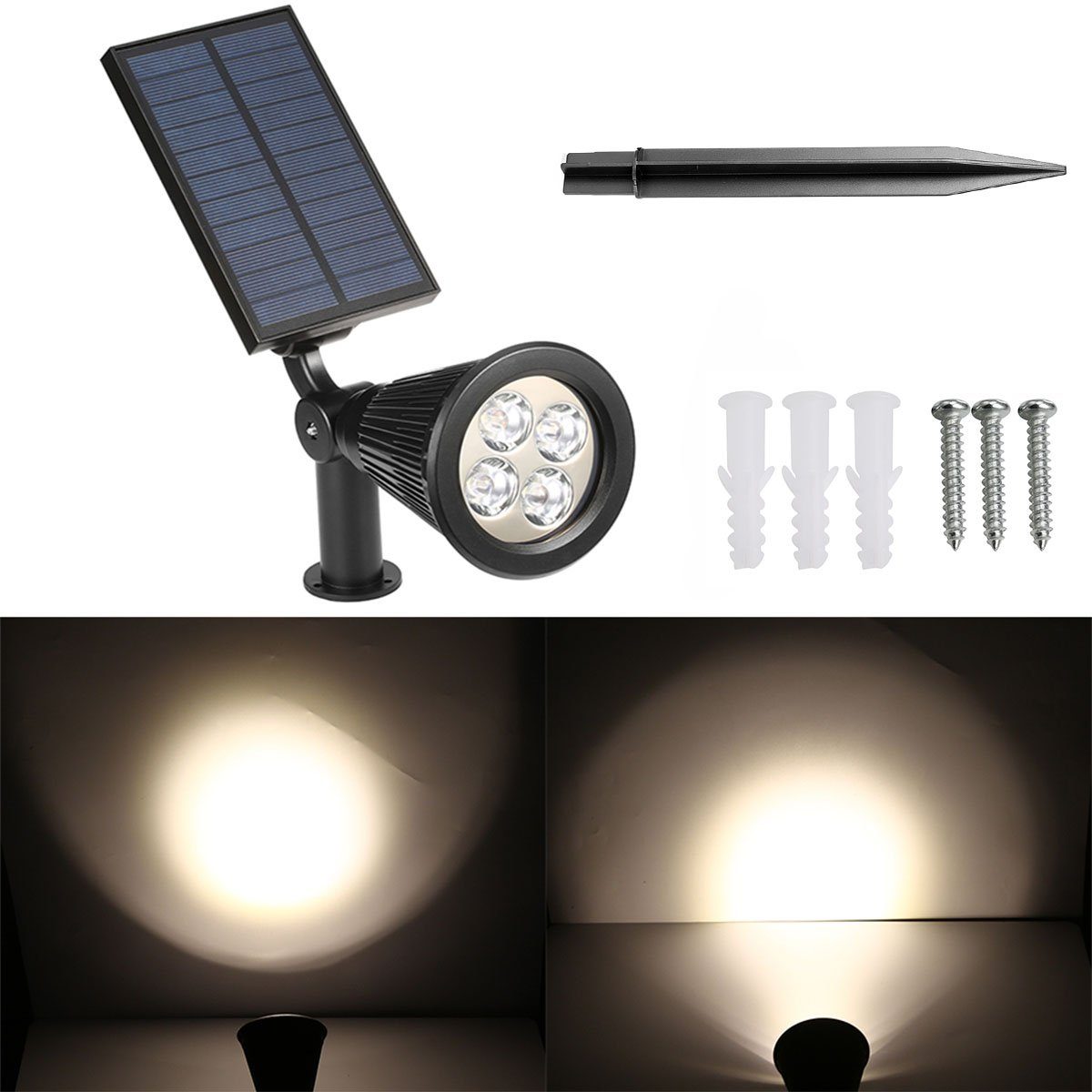 integriert, Solarleuchte 200-LM-Landschaftslampen, 180 Warmweißes 2x Superhelle für oyajia fest Wand, Baum, ° Scheinwerfer, Terrasse, 4LEDs Solarleuchte einstellbar Poolbereich Scheinwerfer -Winkel LED Deck, LED