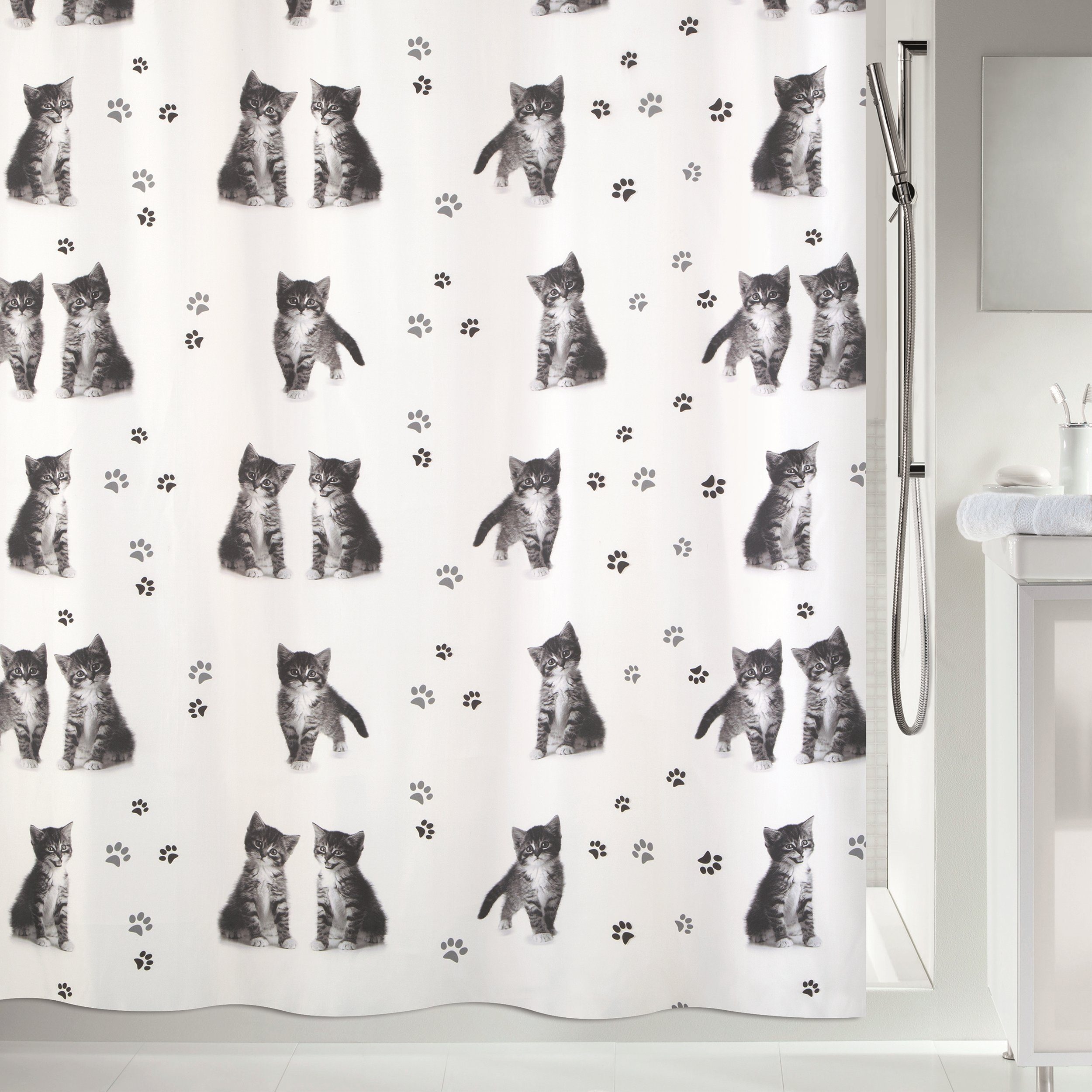 spirella Duschvorhang KITTY PAW Breite 180 cm, Anti-Schimmel Textil-Duschvorhang, Polyester, 180x200 cm, waschbar, Motiv "Kätzchen"