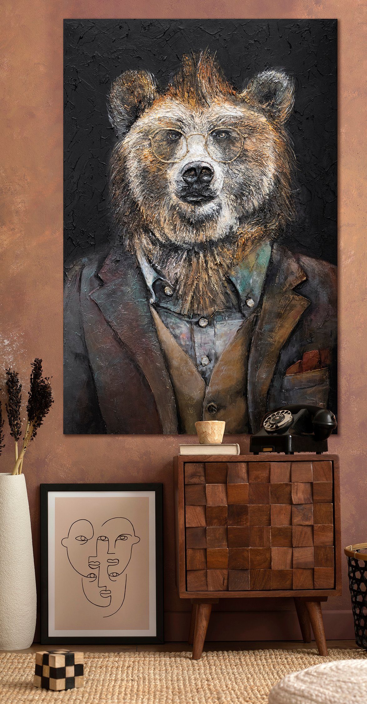 Bär Tiere, Gemälde Leinwand Bild YS-Art Tier Handgemalt mit Stärke, Anzug